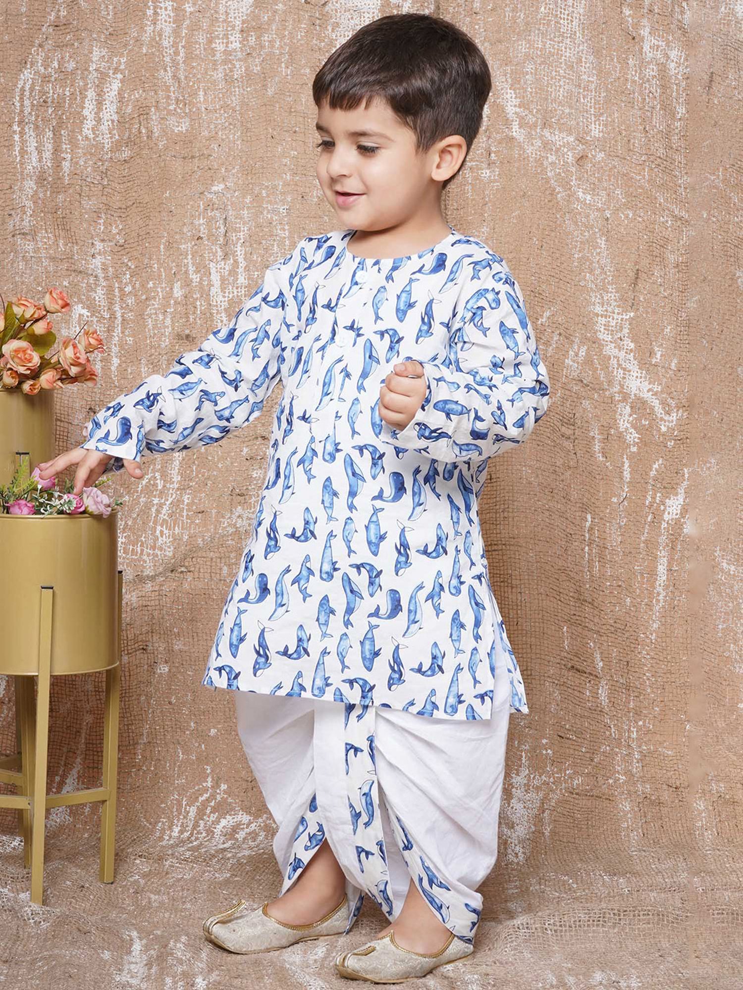 AJ Dezines Kids White & Blue Printed Full Sleeves Kurta with Dhoti