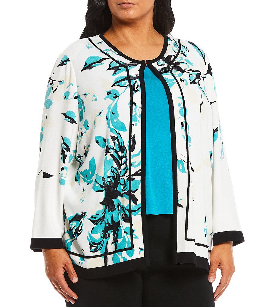 Ming Wang Plus Size Long Sleeve Floral Print & Soutache Jacket