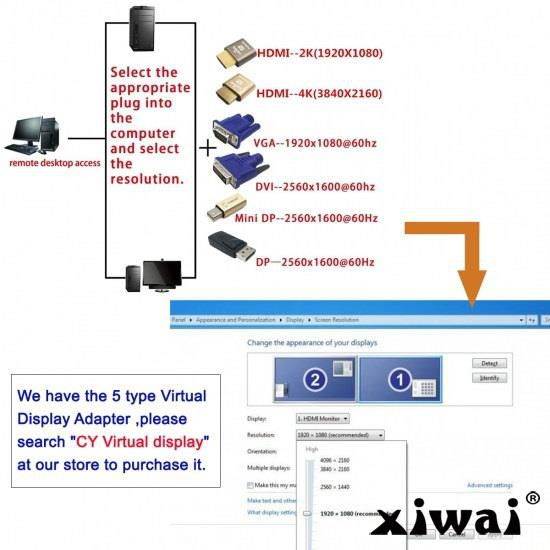 Xiwai CY Virtual Display Adapter VGA RGB Monitor Dummy Plug Headless Ghost Display Emulator 1920x1080p@60Hz