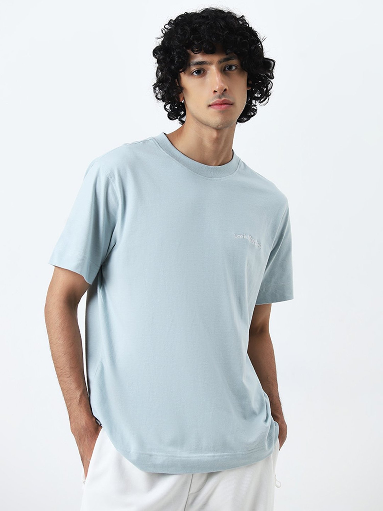 Studiofit by Westside Light Blue Typographic Relaxed-Fit Cotton T-Shirt
