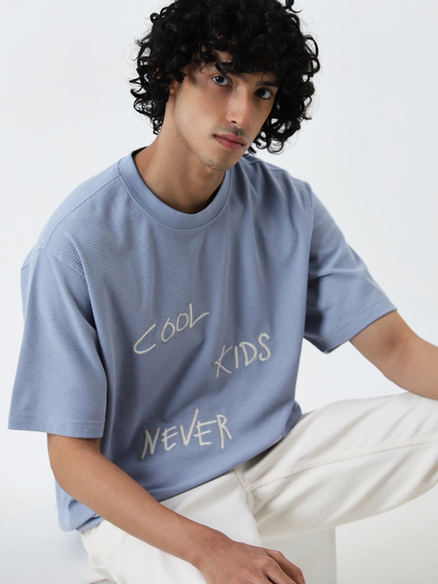 Nuon by Westside Blue Text Printed Relaxed T-Shirt