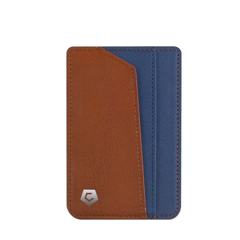 Cobble Pro [Genuine Leather] 3.96" x 2.54" Stick-On Leather Card Holder Adhesive Cash Wallet for iPhone Samsung Back of Phone, Brown/Blue