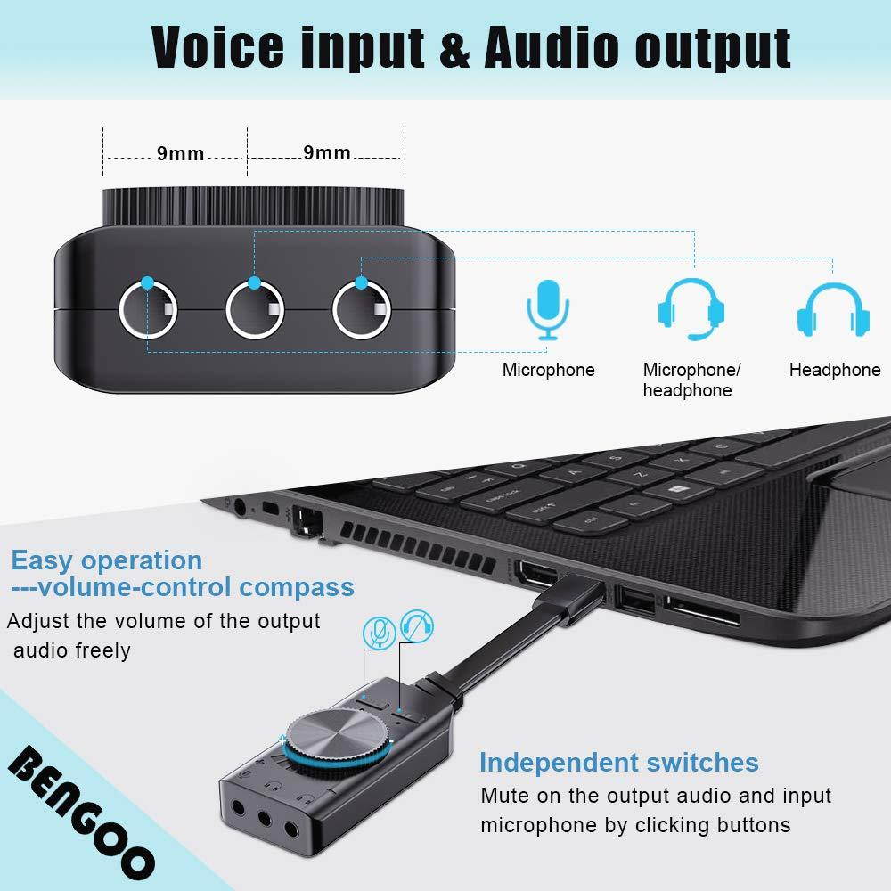 USB Sound Card Adapter BENGOO External Audio Adapter Stereo Sound Card Converter 3.5mm AUX Microphone Jack for Gaming Headset Earphone PS4 Laptop Desktop Windows Mac OS Linux, Plug Play