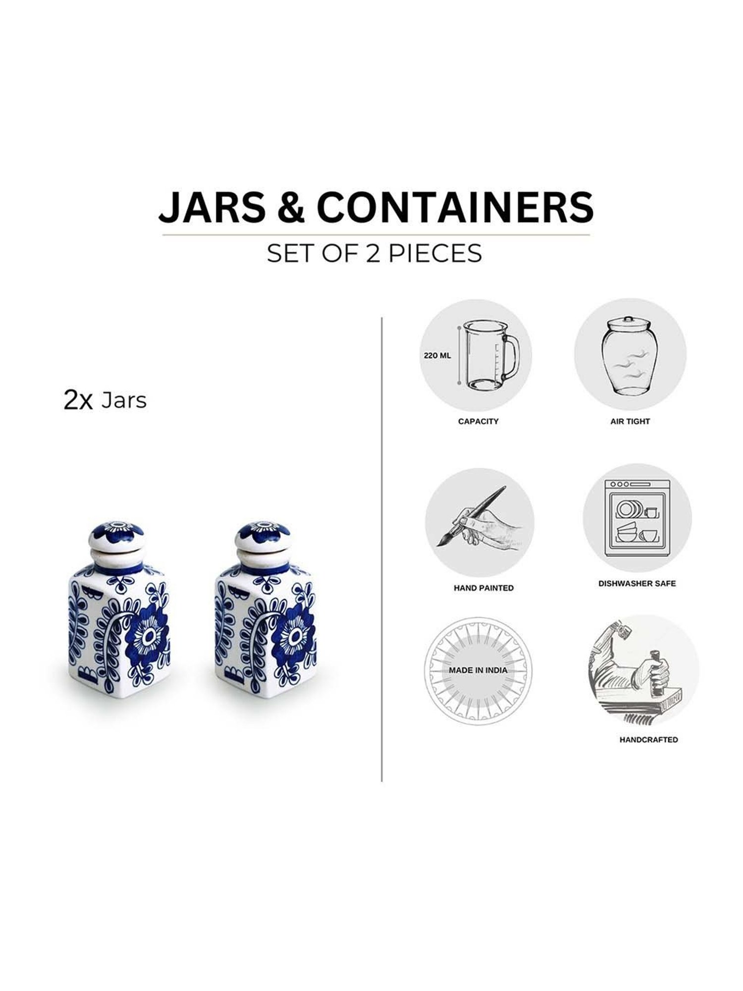 ExclusiveLane Mughal Gardens Ink Blue & White Ceramic Air-Tight Storage Container - Set of 2