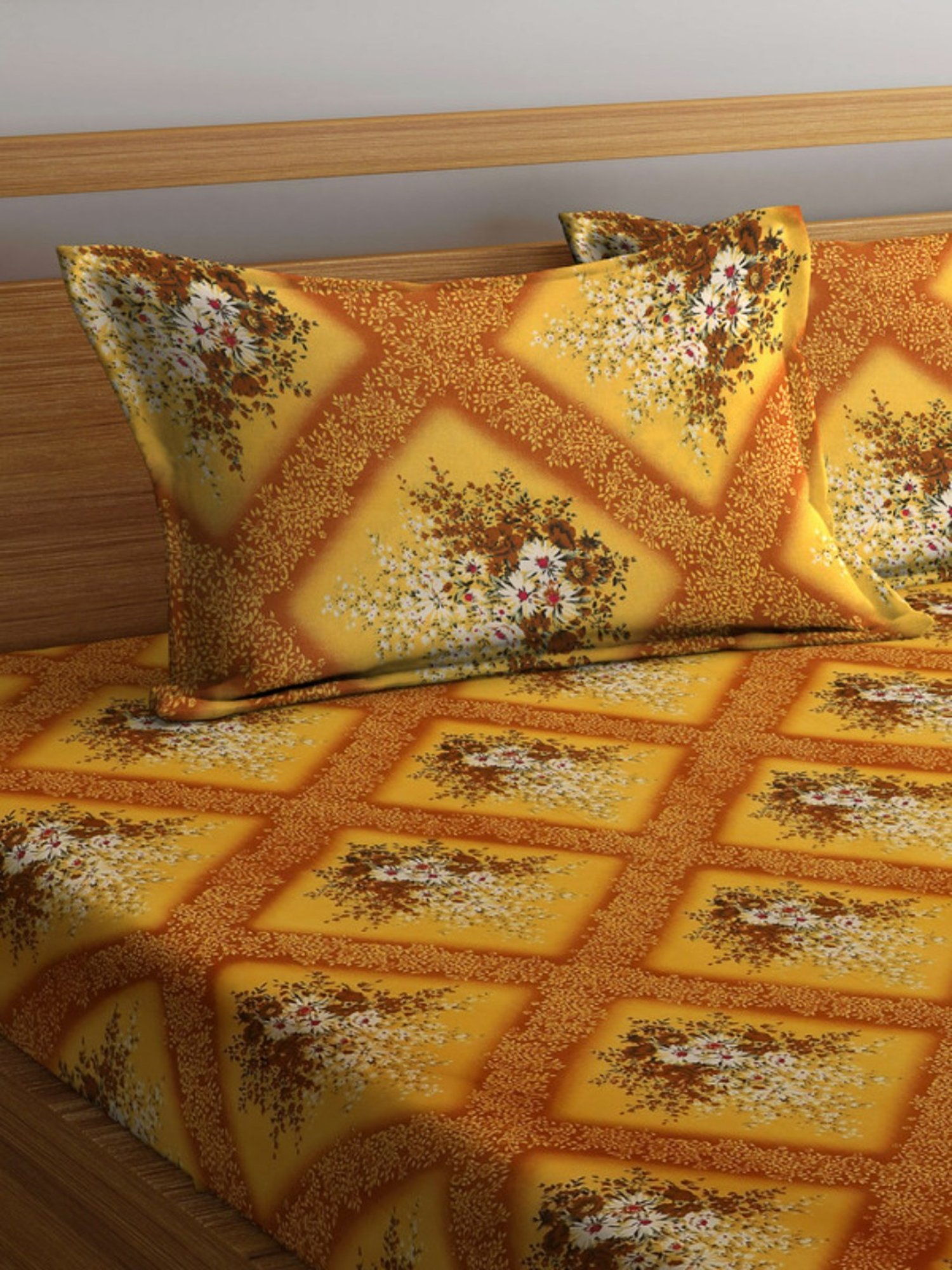 Dhrohar Printed Yellow Cotton 180 TC Double Bedsheet with 2 Pillow covers