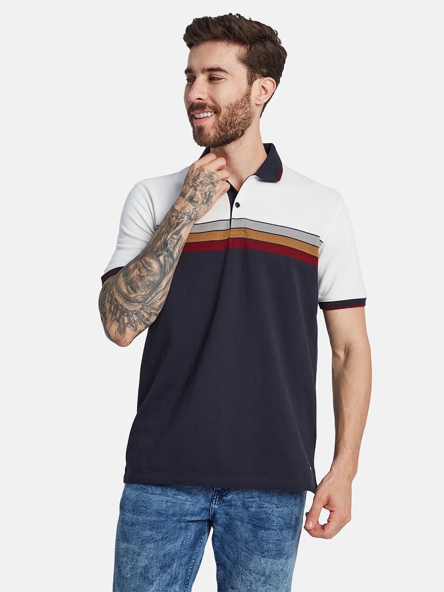 Octave Light Navy Cotton Regular Fit Colour Block Polo T-Shirt