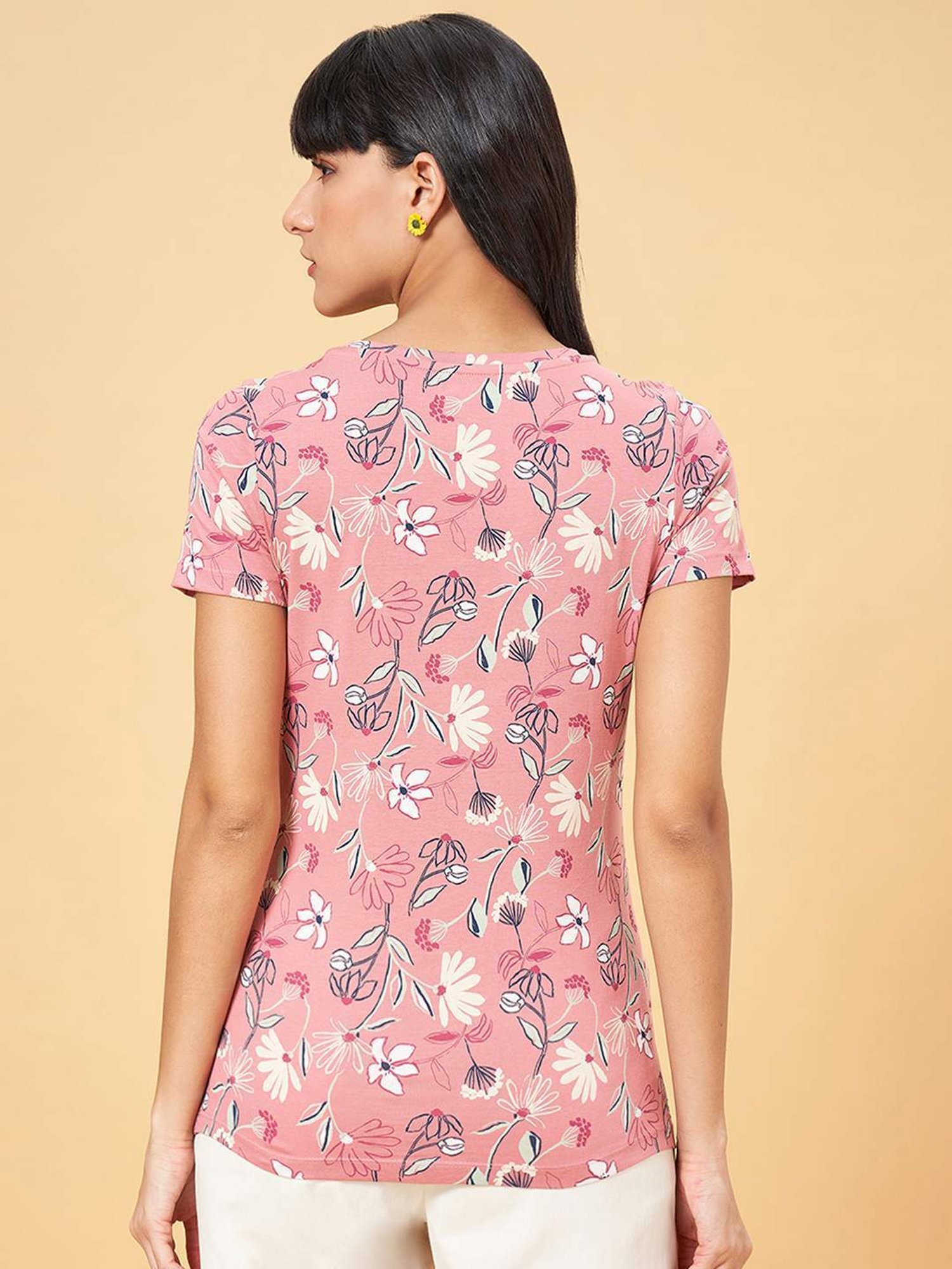 Honey by Pantaloons Dusty Pink Cotton Floral Print T-Shirt