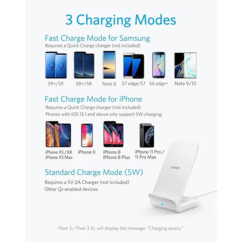 Wireless Charger PowerWave 75 Stand QiCertified Fast Charging iPhone 11 11 Pro 11 Pro Max XR Xs Max Xs X 8 8 Plus Galaxy S 20 S10 S9 S8 Note 10 Note 9 No AC Adapter White