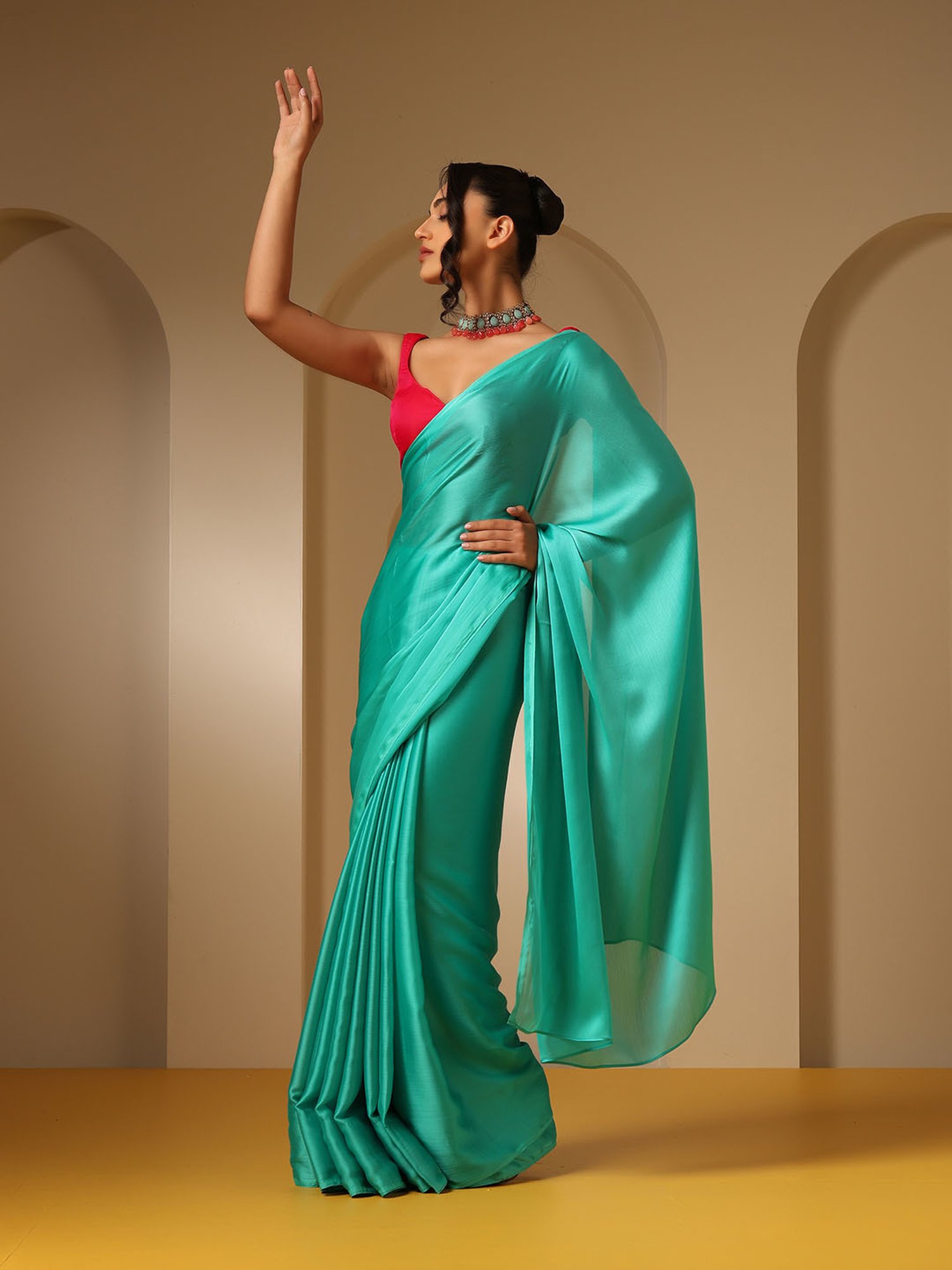 Swtantra Turquoise Chiffon Saree With Fuchsia Unstitched Blouse