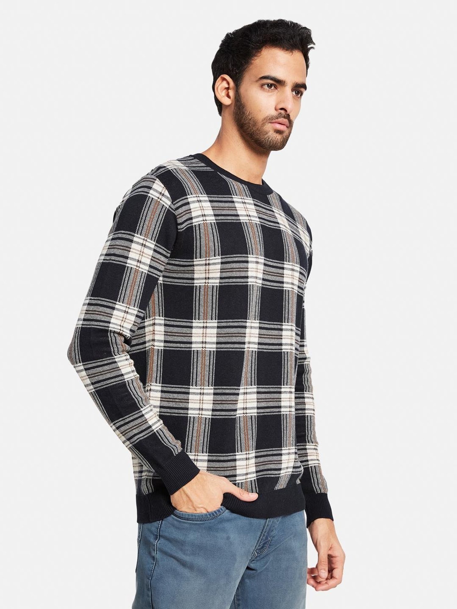 METTLE Navy Cotton Regular Fit Checks Sweater