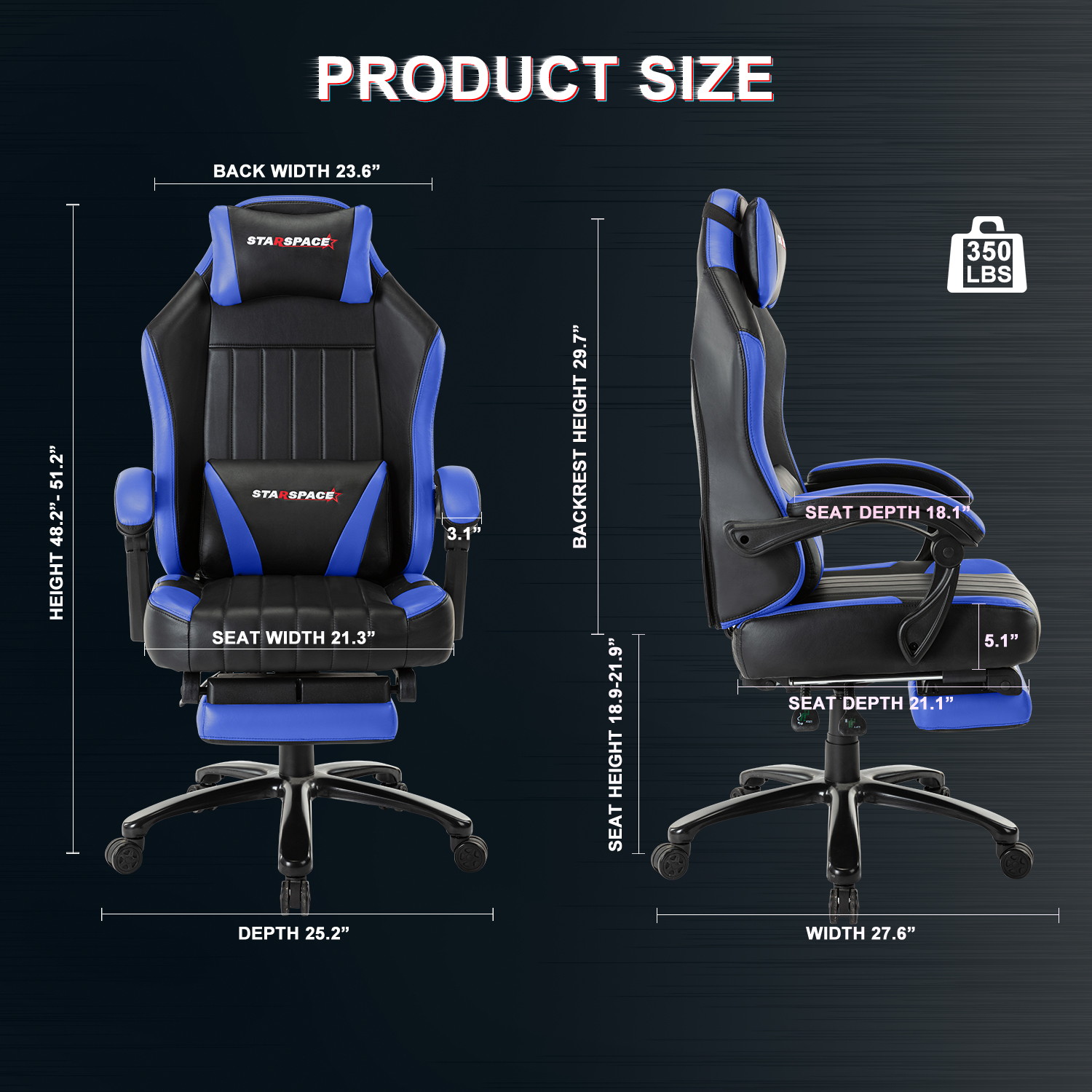 STRASPACE Big & Tall 400lb Memory Foam Reclining Gaming Chair Metal Base - Adjustable Back Angle and Retractable Footrest Ergonomic High-Back Leather Racing Executive Computer Desk Office Chair, Blue