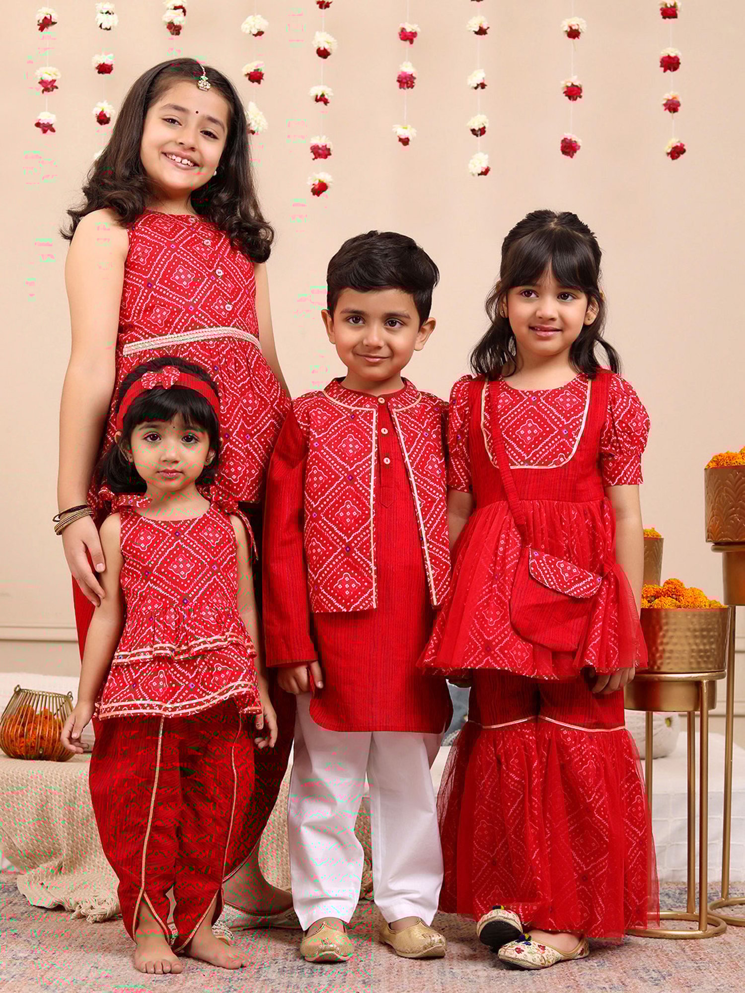 Budding Bees Boys Red & White Printed Full Sleeves Kurta, Pyjamas & Nehru Jacket