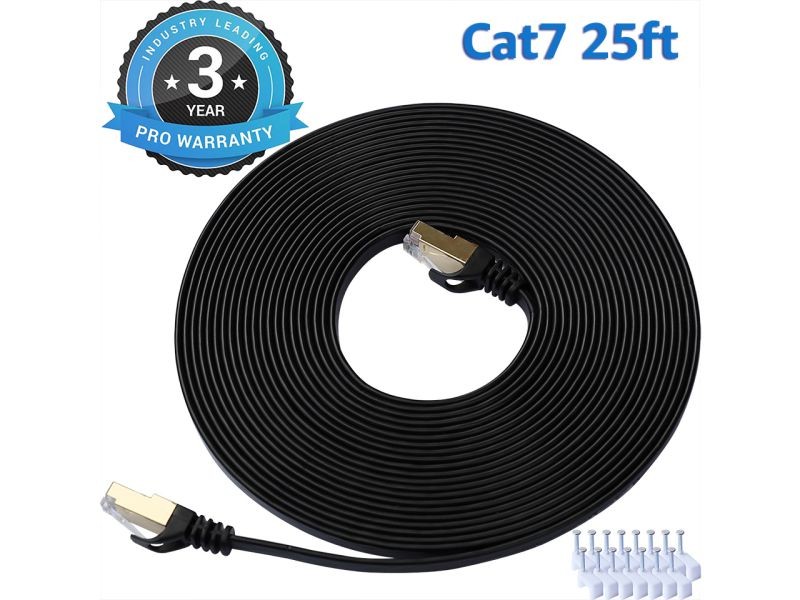 Cat 7 Ethernet Cable 100 ft LAN Cable Internet Network Cord for PS4, Xbox, Router, Modem, Gaming, Black Flat Shielded 10 Gigabit RJ45 High Speed Computer Patch Wire.