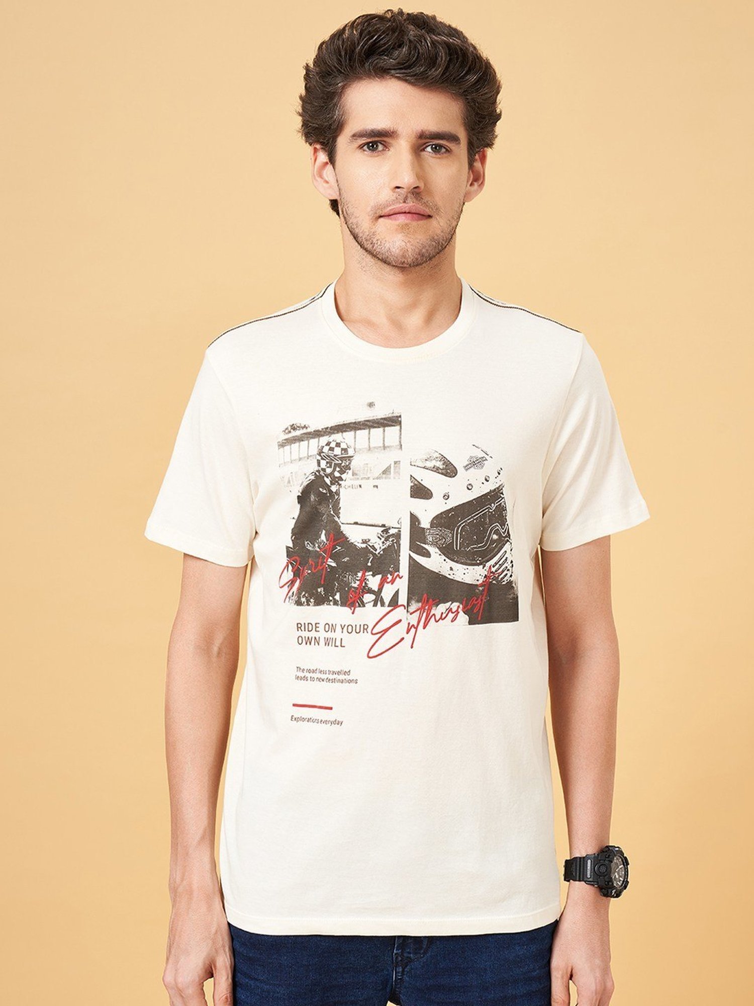 Sf Jeans By Pantaloons Off White Slim Fit Printed T-Shirt