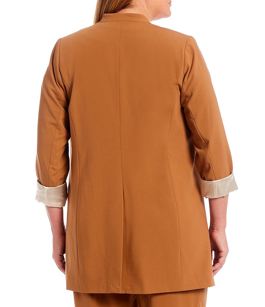 Calvin Klein Plus Size Lux Stretch Woven Suiting Contrast Lining Rolled Cuff Open-Front Long Jacket