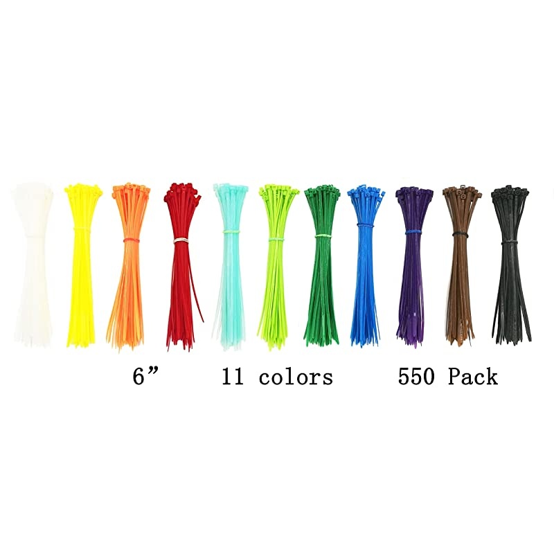 Self Locking Nylon Cable Zip Ties in 11 Colors(White,Yellow,Orange,Red,Sky Blue,Fluorescent Green,Green,Blue,Purple,Coffee,Black)- 6" - 550pcs