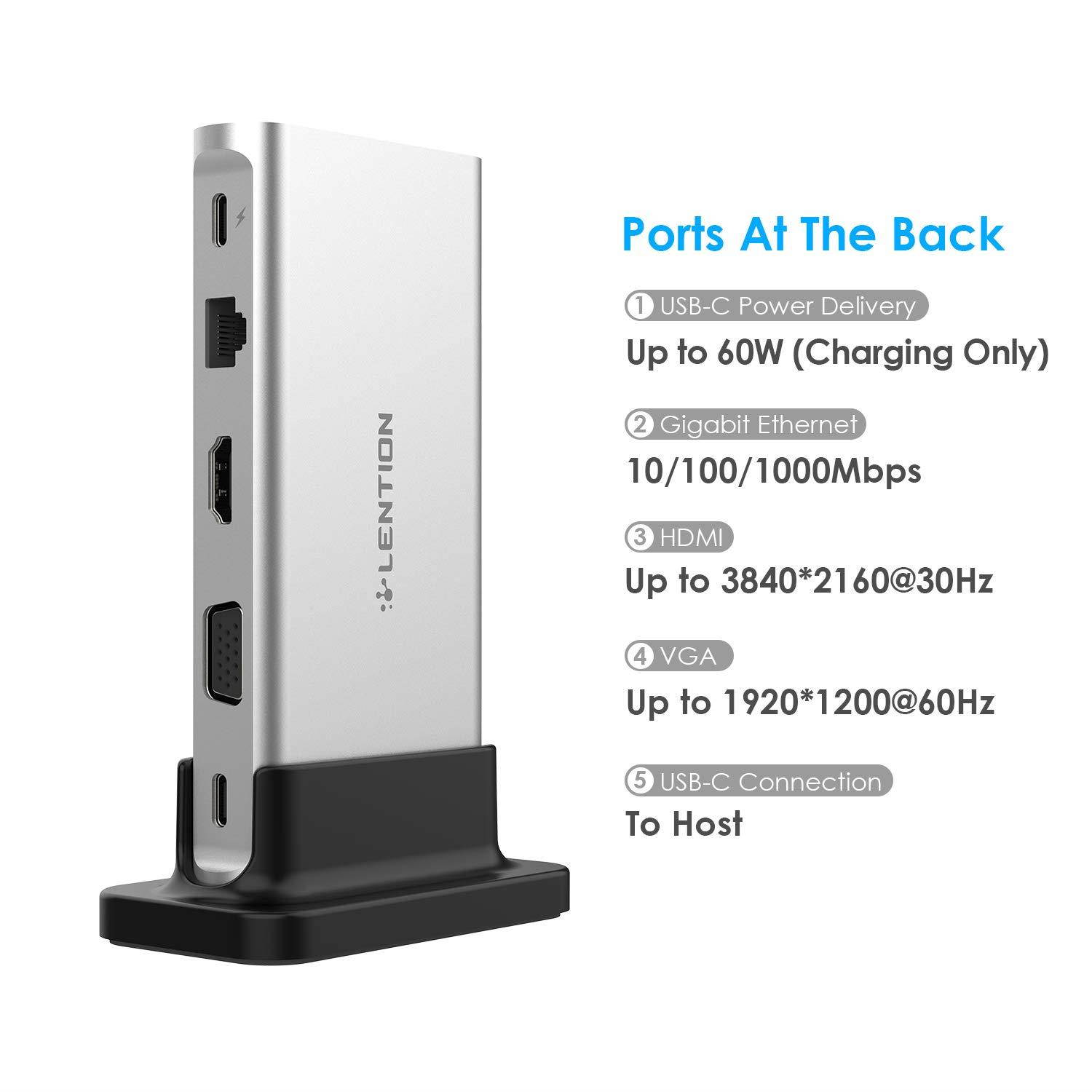 LENTION USB-C Portable Docking Station with 4K HDMI & VGA Dual-Display, Gigabit Ethernet, Card Reader, Aux Adapter, USB 3.0, Power Delivery for MacBook Air/Pro (Thunderbolt 3), More (Silver)