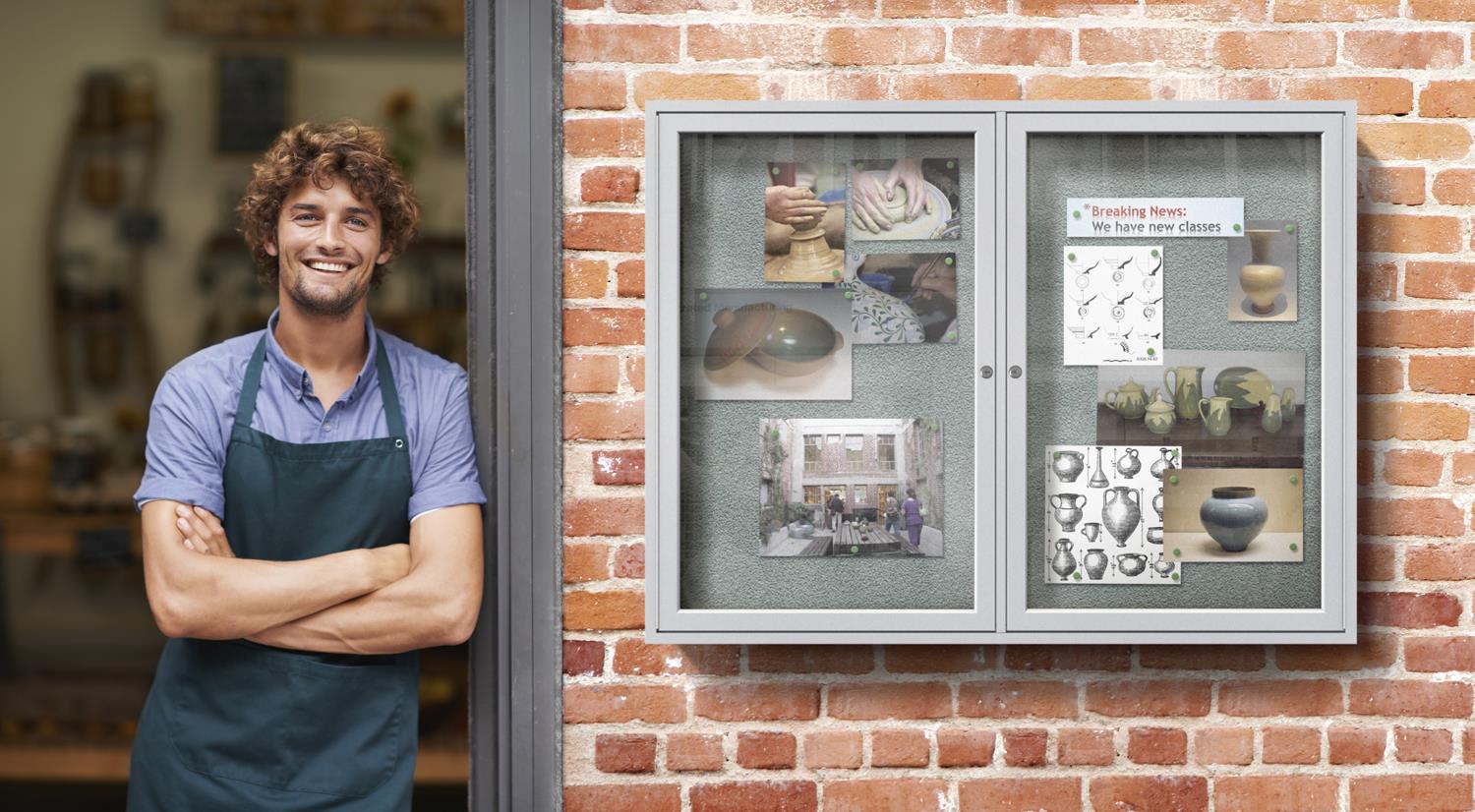 Ghent 2 Door Enclosed Vinyl Bulletin Board with Satin Frame 3'H x 4'W Silver