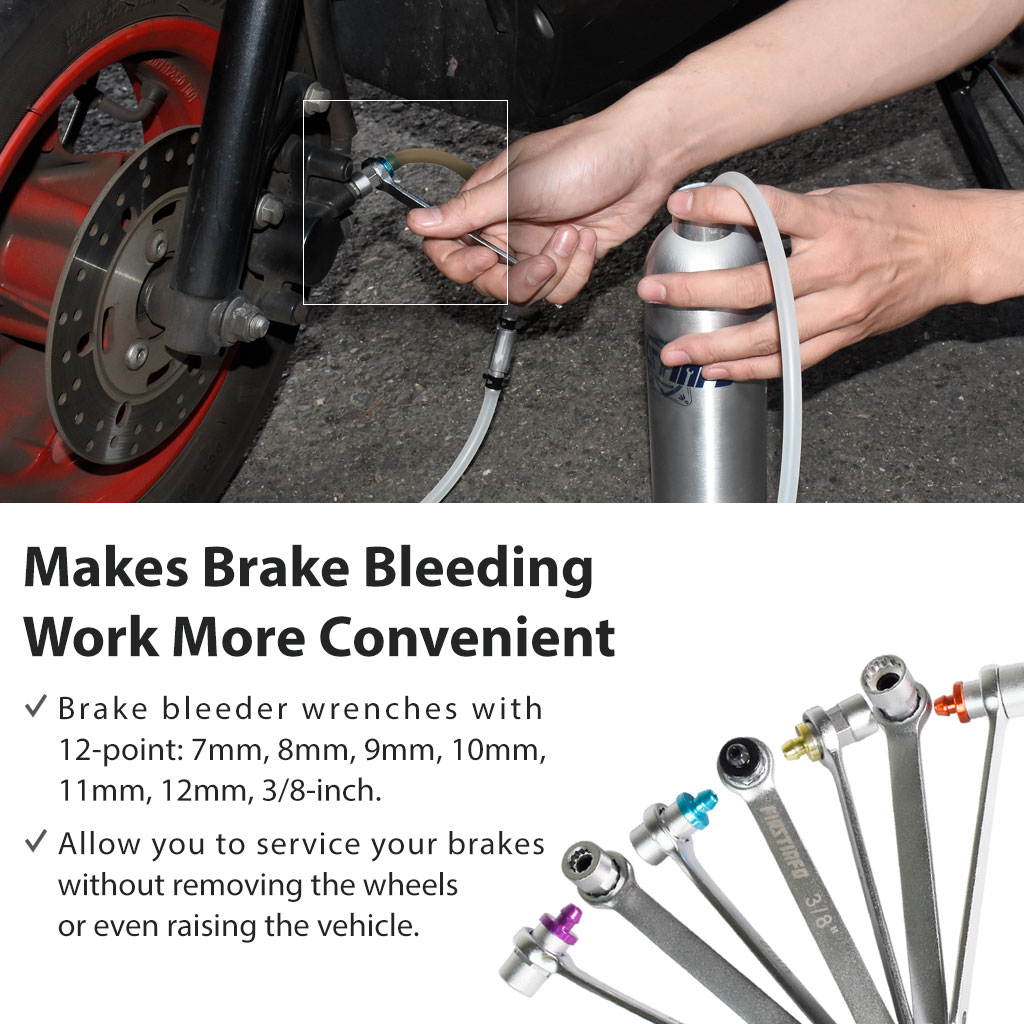 FIRSTINFO 7-12mm & 3/8-Inch Drive Brake Fluid Clutch Bleeder Hose w/12 Point Wrench and Check Valve 7-Piece Kit For Brake Bleeding & Hydraulic Clutch Systems