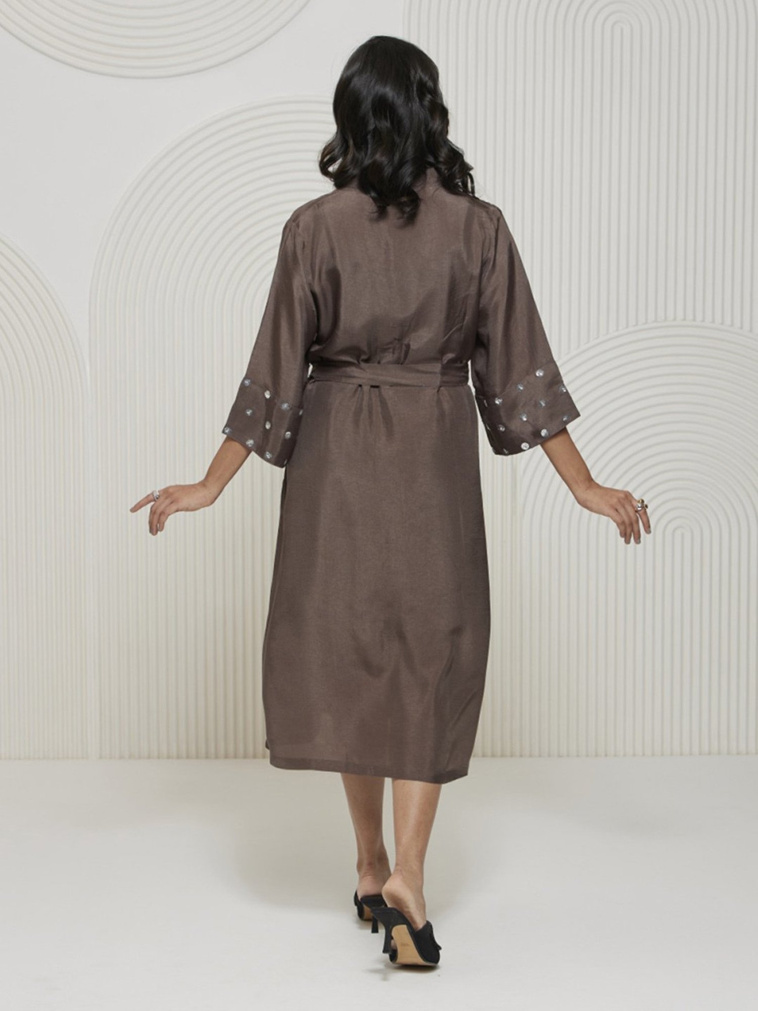 Artagai Granite Grey Romancing Aari Shirt Dress With Tie-Up And Embellished Sleeve