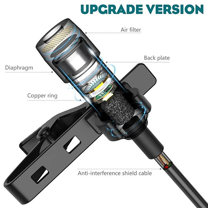Upgraded Lavalier Lapel Microphone Omnidirectional Condenser Mic for Apple iPhone iPad Mac Android Smartphones Youtube Interview Studio Video RecordingNoise Cancelling Mic