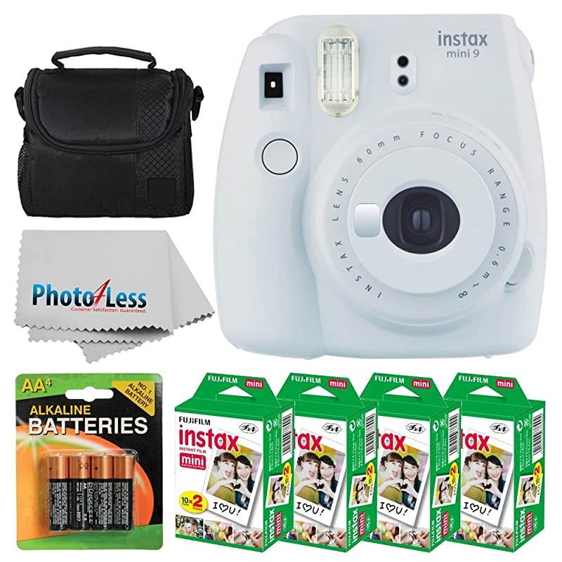 instax mini 9 Instant Film Camera Smokey White +  Instax Mini Twin Pack Instant Film 80 Shots + Camera Case + AA Batteries + Accessory Bundle