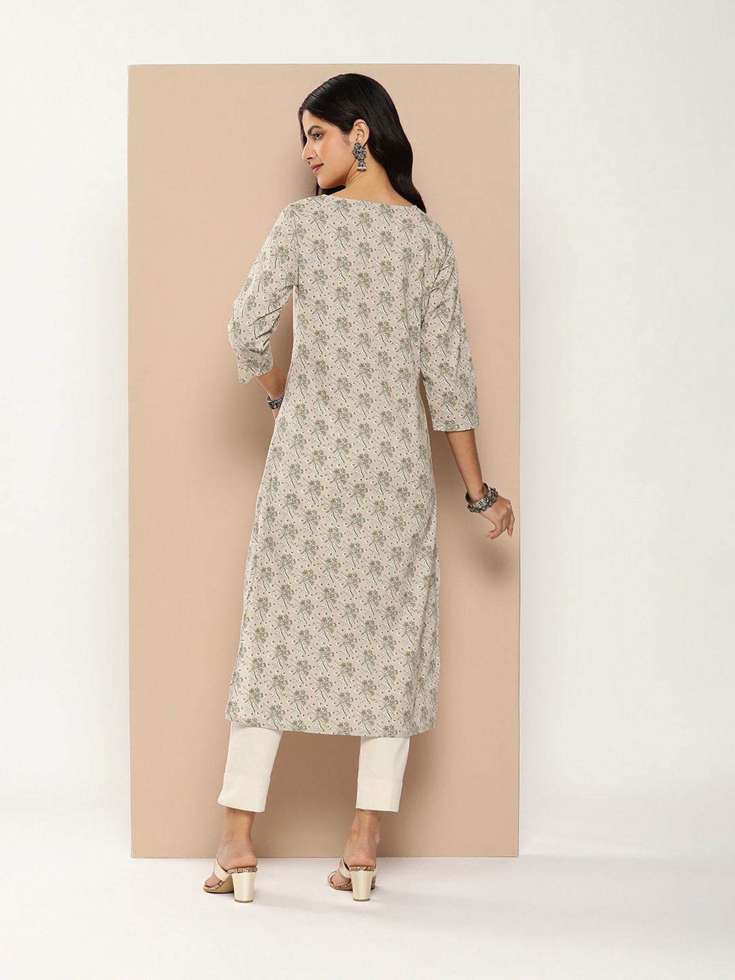 Amukti Beige Cotton Floral Print A Line kurta