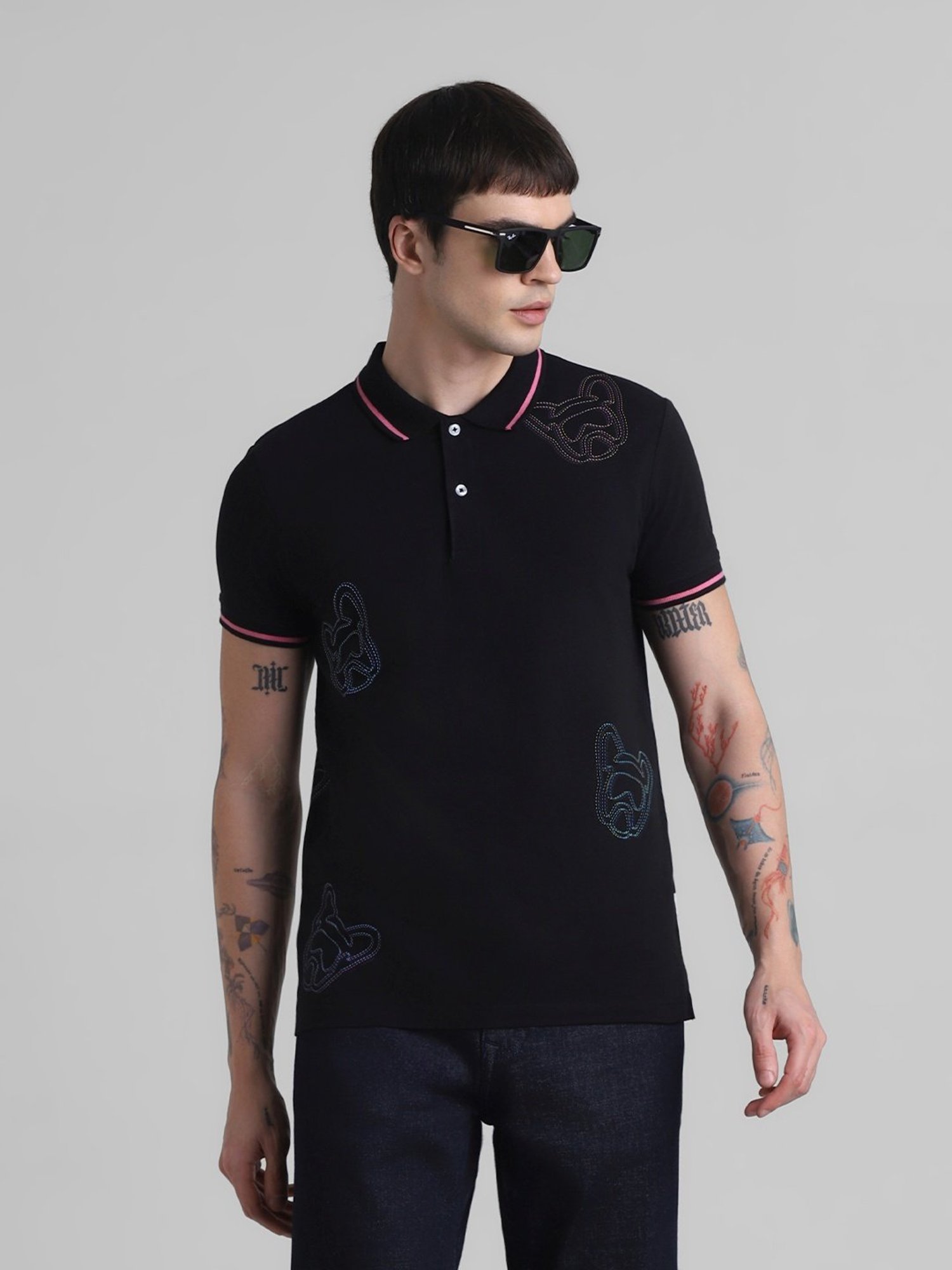 Jack & Jones Jet Black Cotton Slim Fit Self Pattern Polo T-Shirt