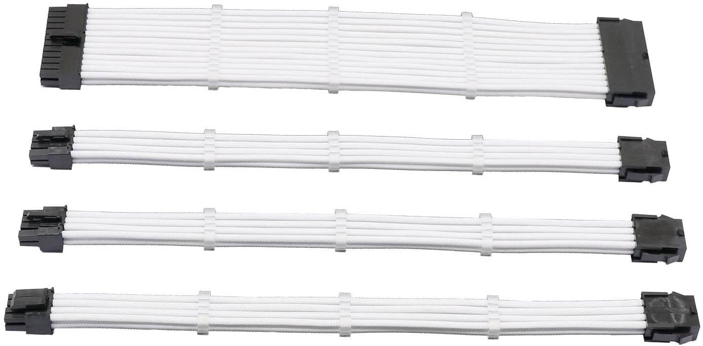 Sleeved Cable PSU Extension Cable Kit with 24-PIN 8-PIN 4+4-PIN Sleeved Cables for ATX Power Supply(Pearl White)