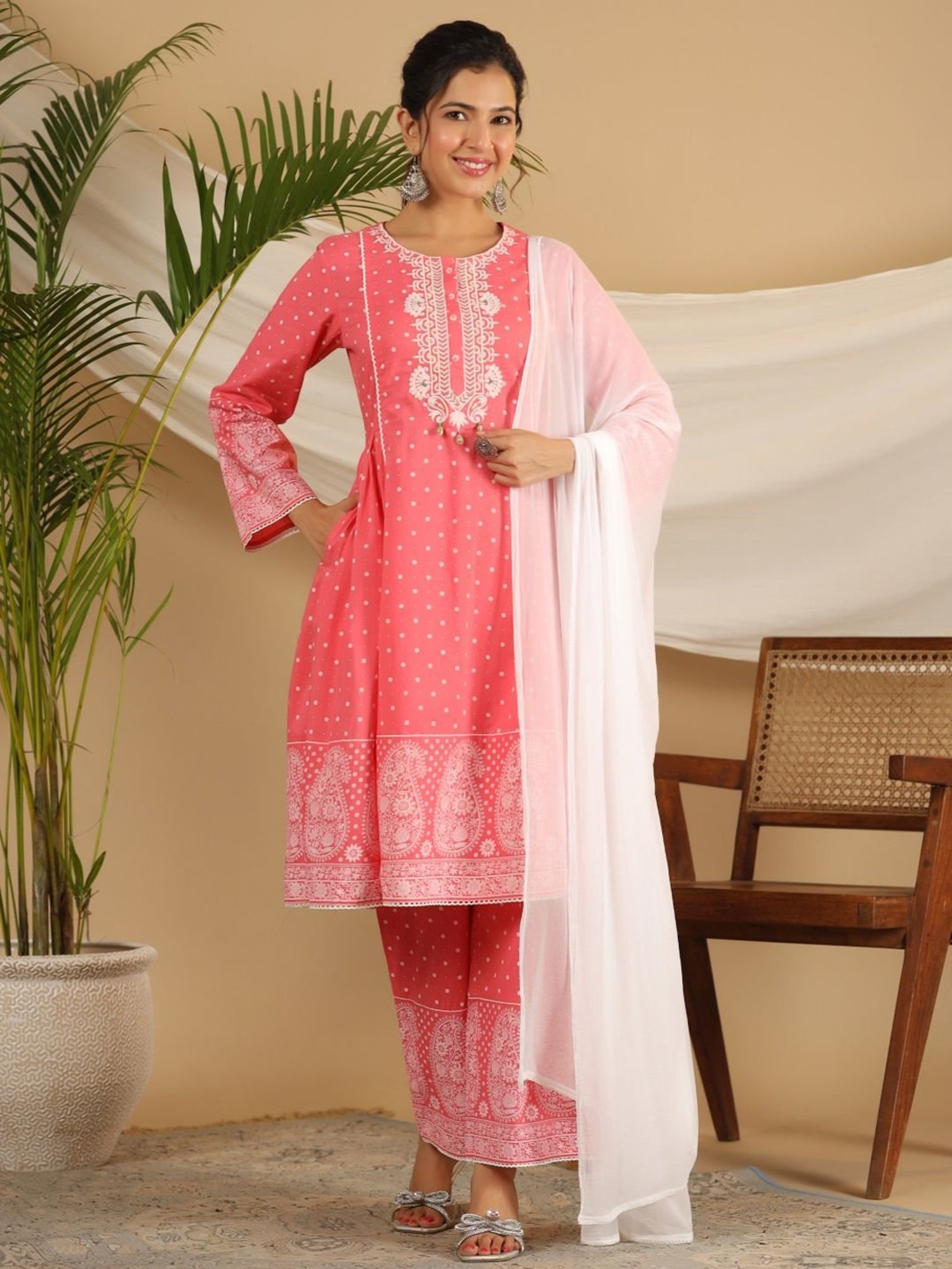 Juniper Pure Cotton Coral Ethnic Motif Printed Kurta With Palazzo Set With Thread Embroidery