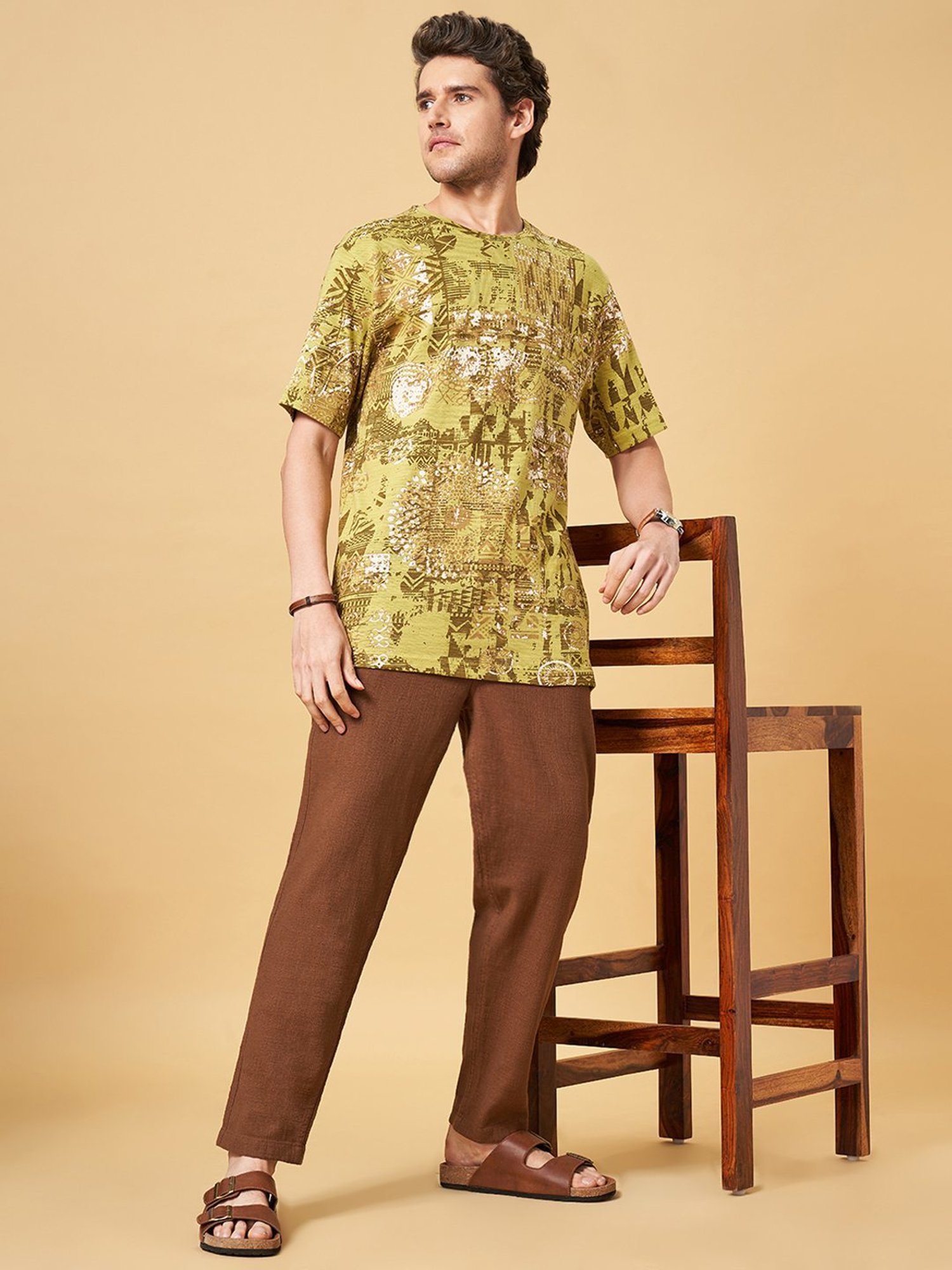 7 Alt by Pantaloons Olive Green Cotton Regular Fit Printed T-Shirt