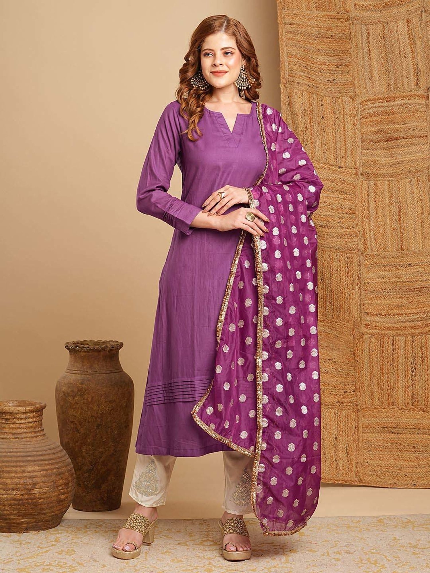 Fashor Purple Kurta & Pant Set With Dupatta