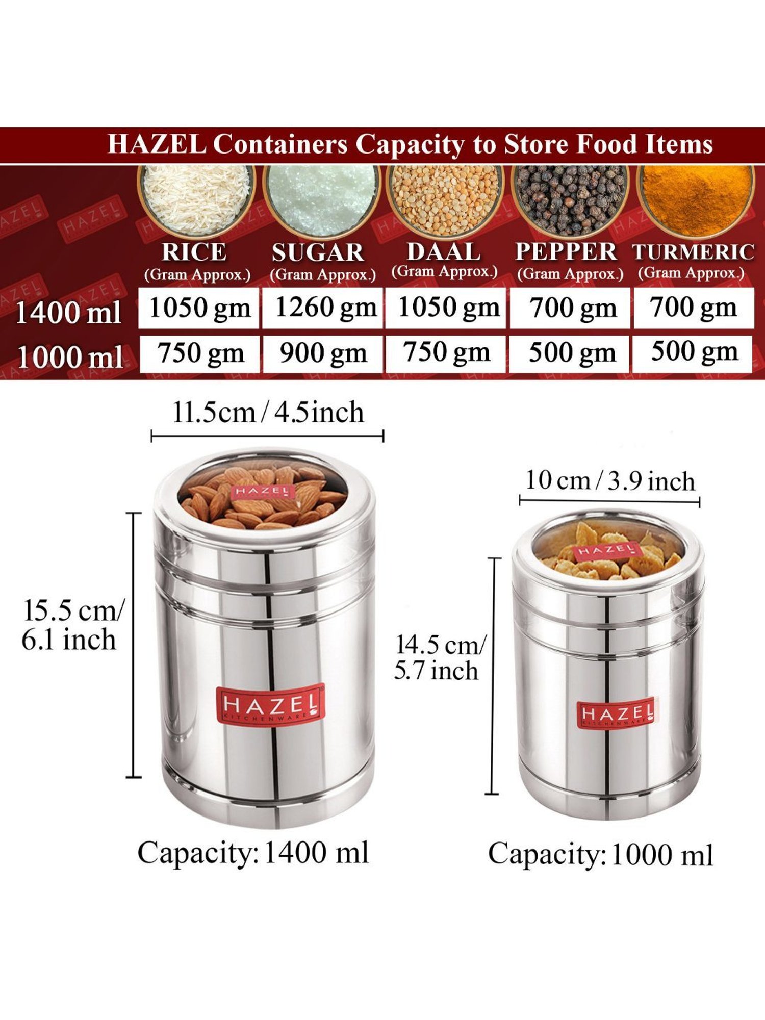 HAZEL Silver Stainless Steel Container with Transparent Lid - Set of 2 (1.4L)