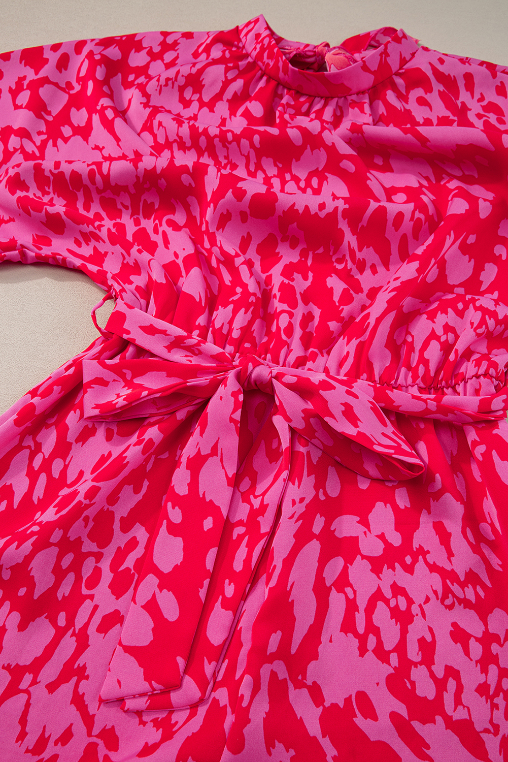 Rose Leopard Print Tulip Sleeve Belted Wide Leg Jumpsuit