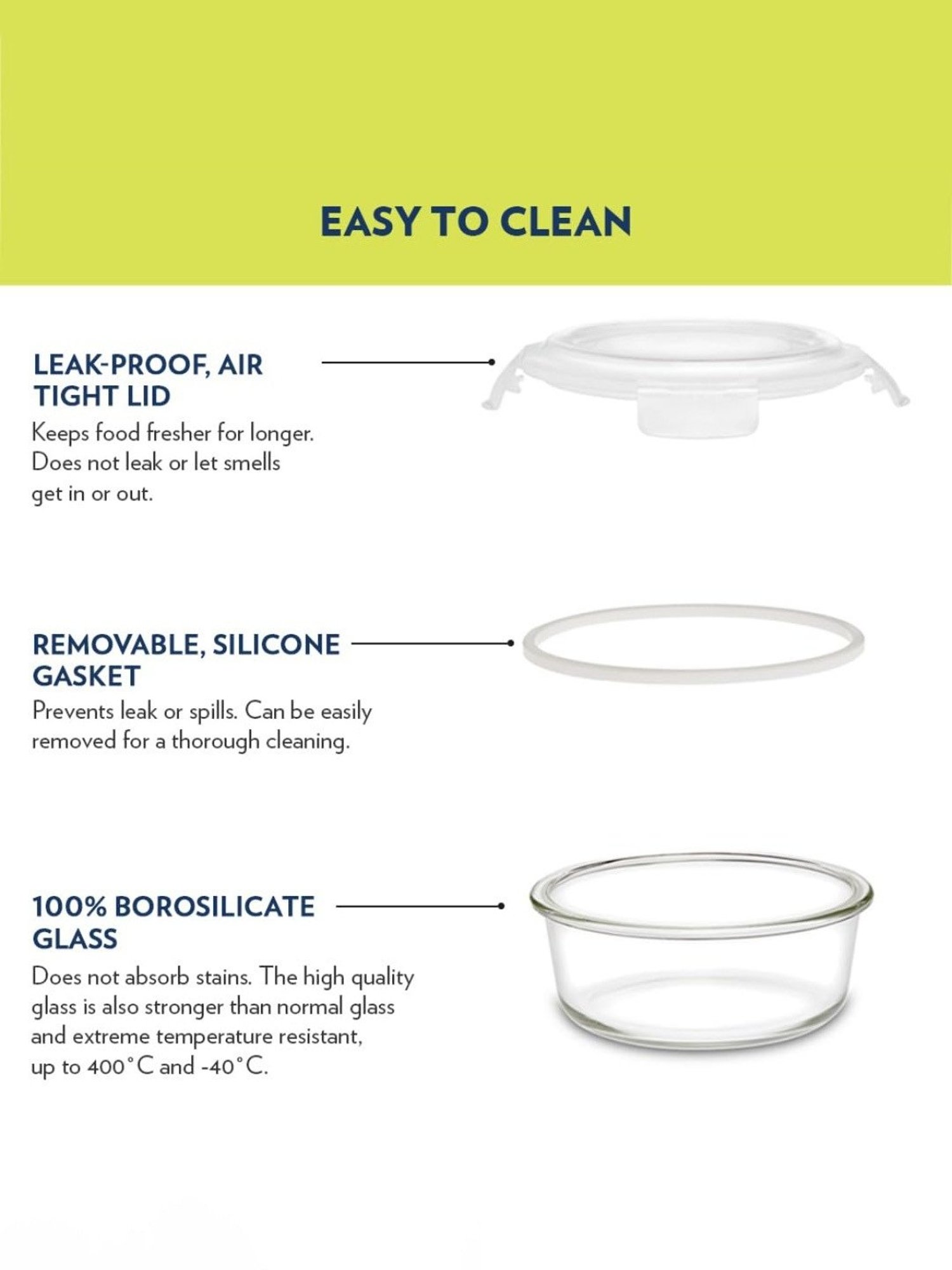 Borosil Alfa Glass Lunch Box Set of 2 (Green, 400 ml)