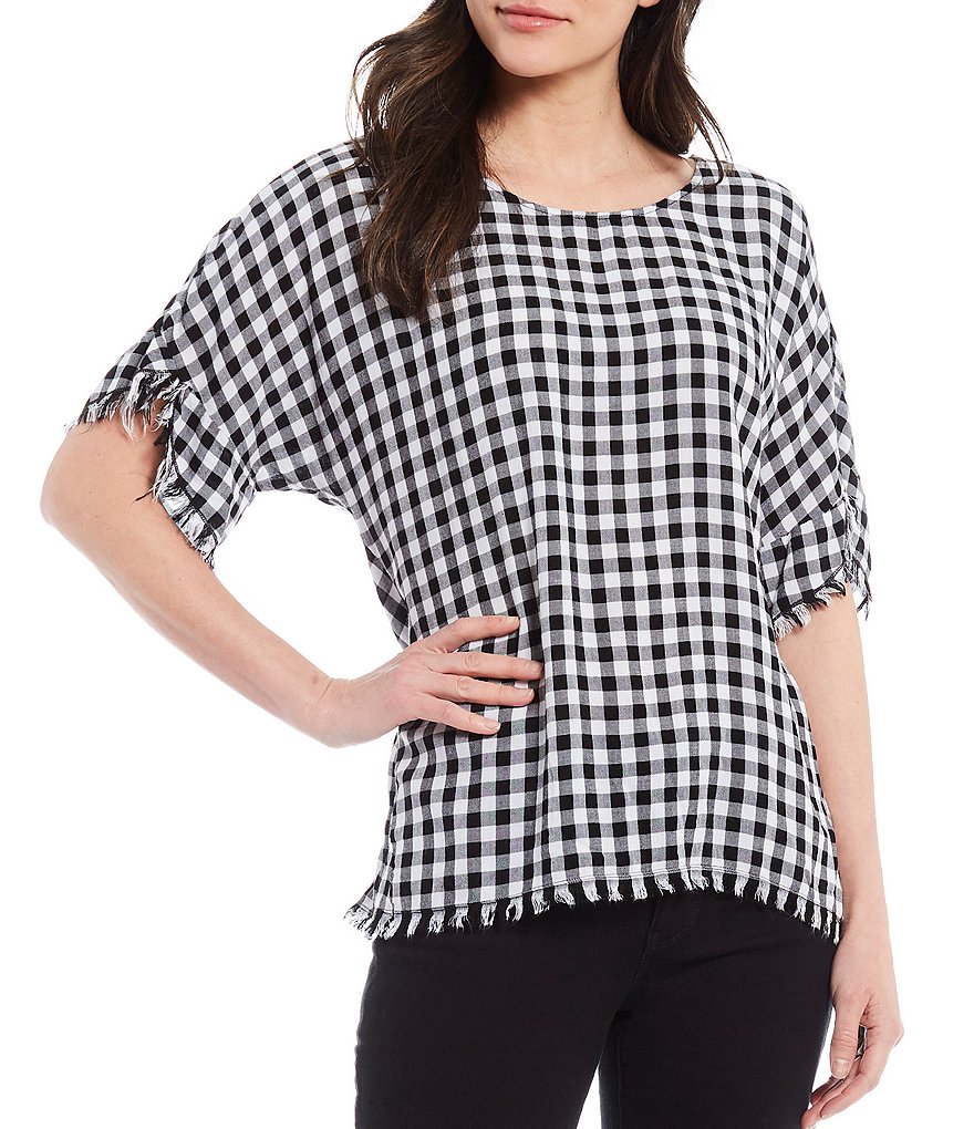 Tru Luxe Jeans Gingham Tulip Sleeve Lace Up Back Top