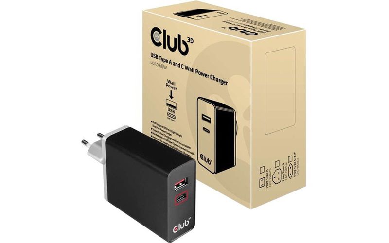 Club 3D USB Type A and C Dual Power Charger up to 60W - 5 V DC/3 A, 12 V DC, 9 V DC, 15 V DC, 20 V DC Output