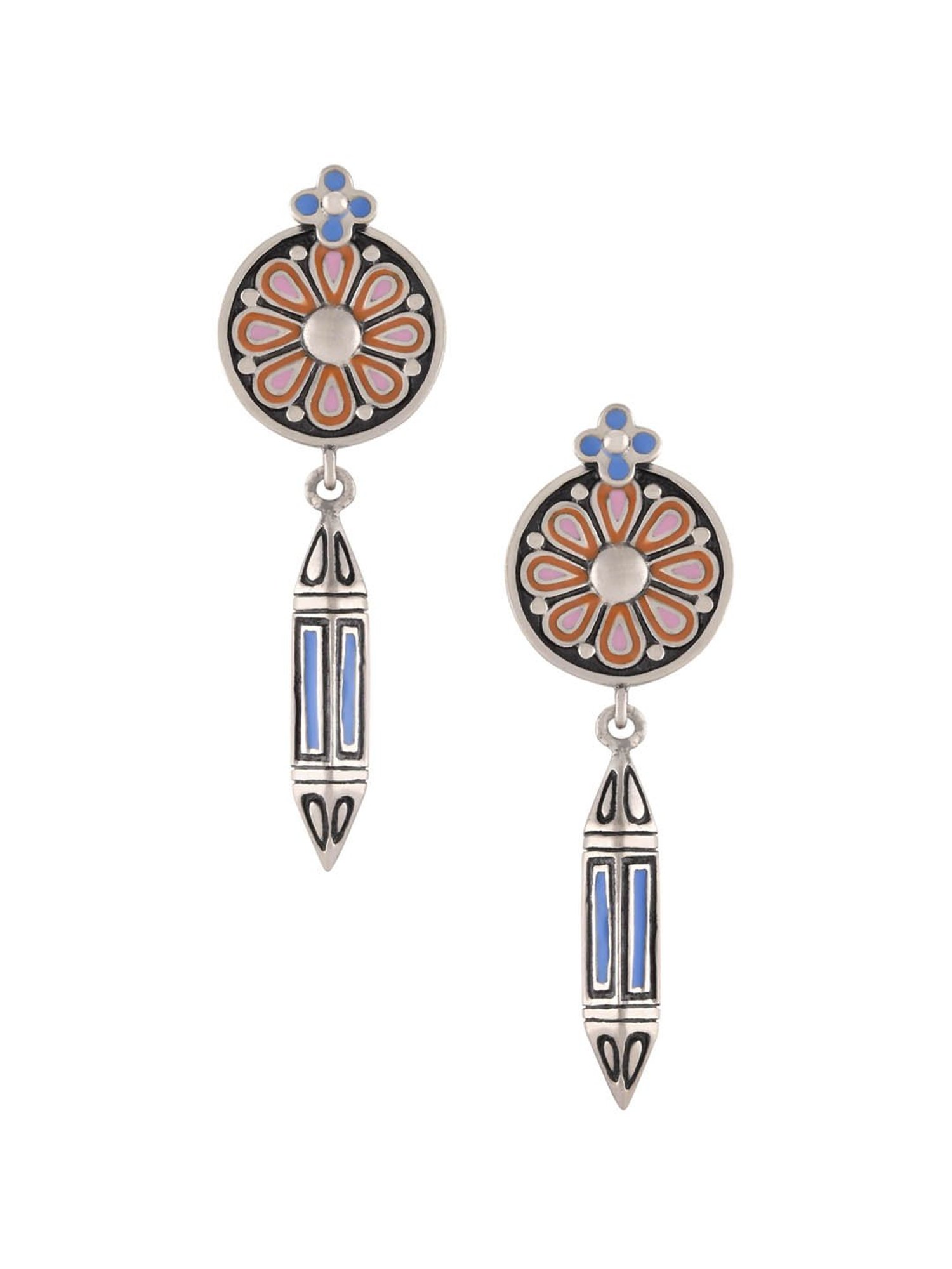 Tribe Amrapali Pink & Blue Flower Chandrika Taveez Drop Earrings