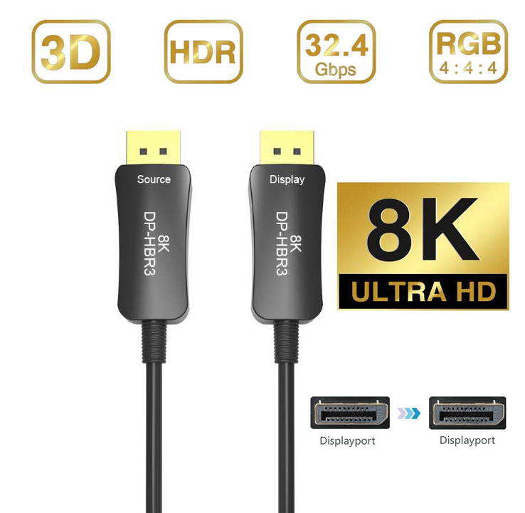 Fiber 8K 4K DisplayPort Cable DP 1.4 HBR3 8K@60Hz 4K@144Hz High Speed 32.4Gbps Optical Fiber Slim and Flexible DP to DP Cable 15m 49.2ft