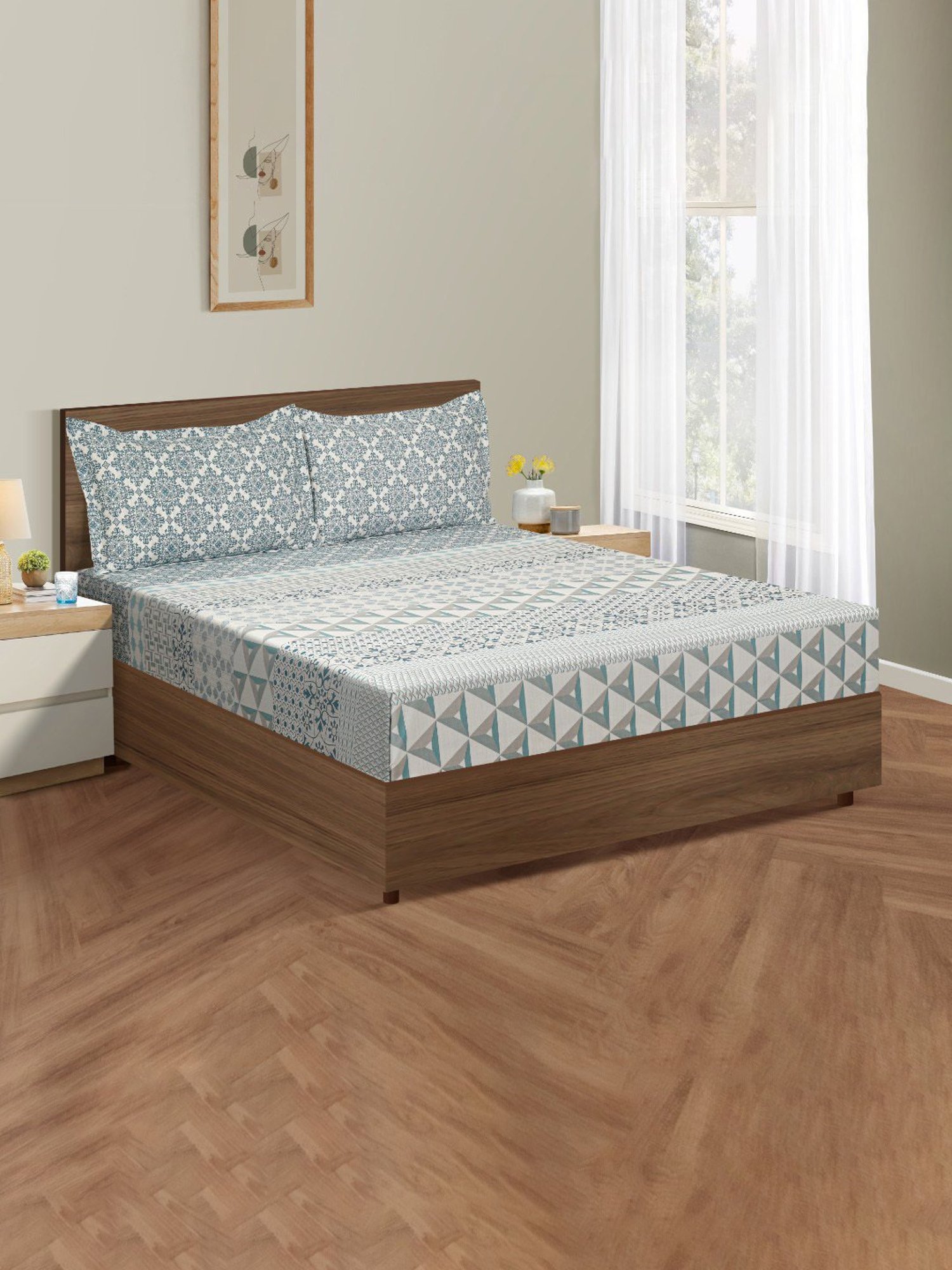 Swayam Abstract Blue & Grey 200 TC Cotton Double Bedding set