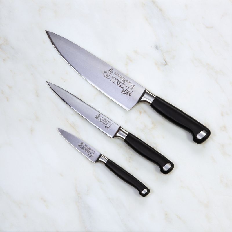 Messermeister San Moritz Elite Professional 3 Piece German 8 Inch Chef,  6 Inch Utility, and 3.5 Inch Parer Multi Purpose Kitchen Knife Set