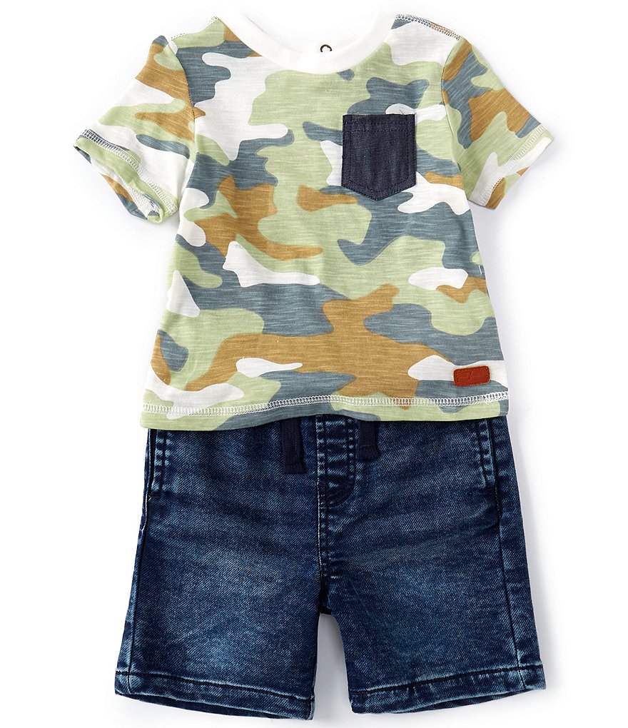 7 for all mankind Baby Boys 12-24 Months Camo Print Short Sleeve Pocket Top & Knit Denim Shorts Set