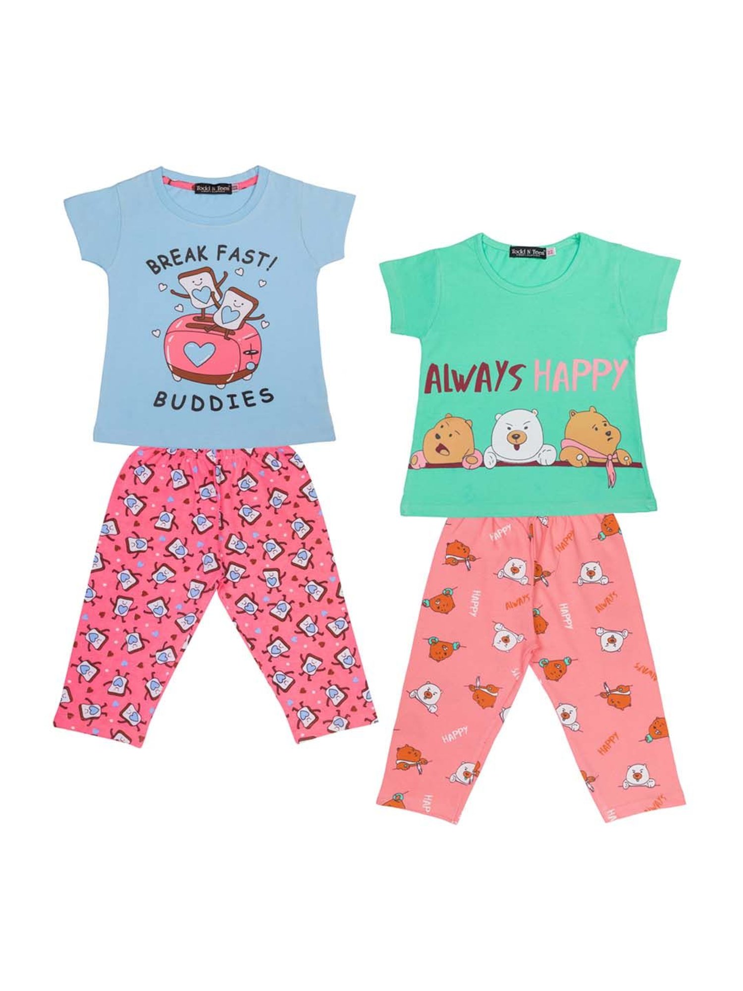 Todd N Teen Kids Blue & Sea Green Cotton Printed T-Shirt & Capris - Pack of 2
