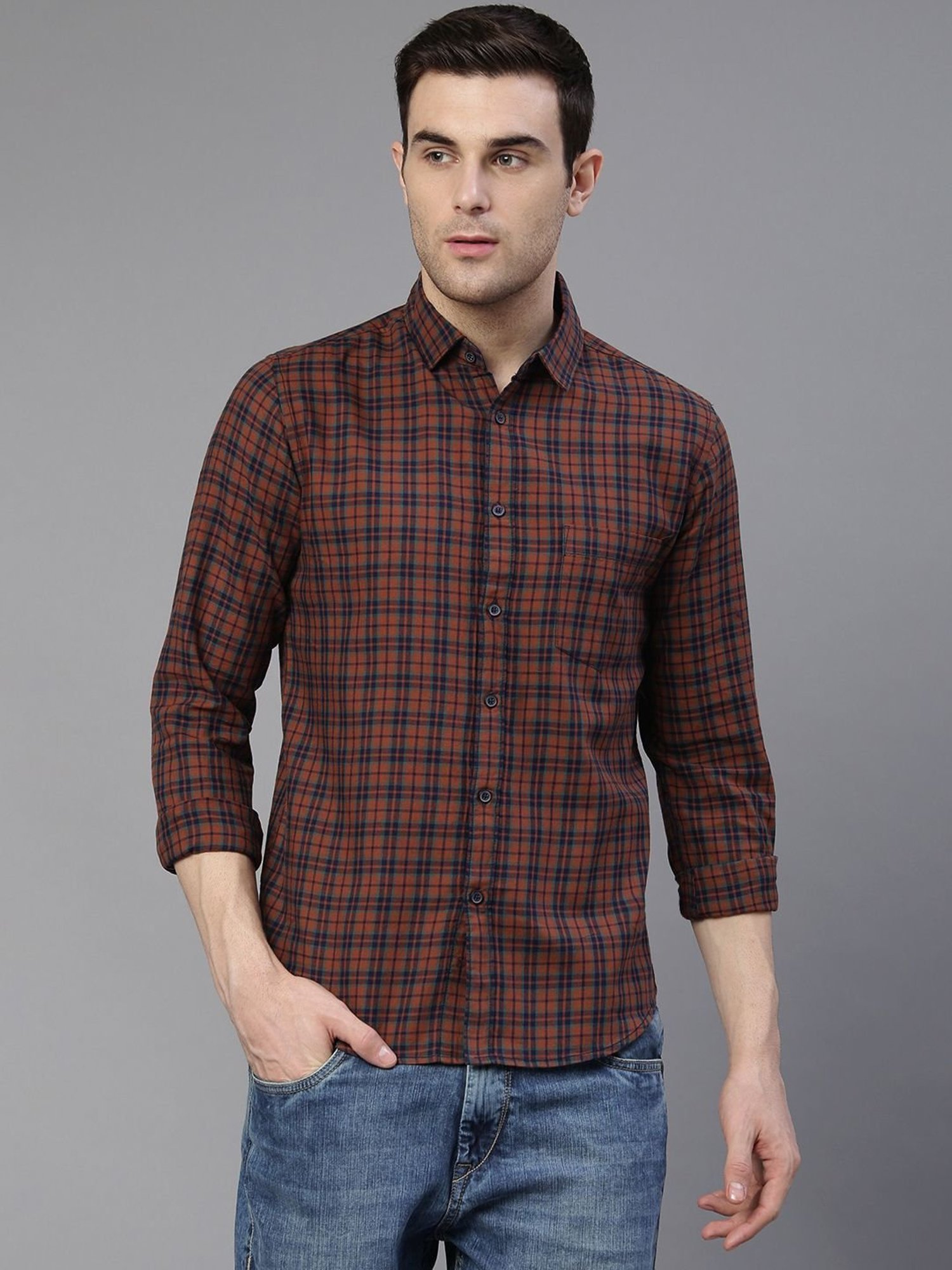 Dennis Lingo Brown & Navy Cotton Slim Fit Checks Shirt