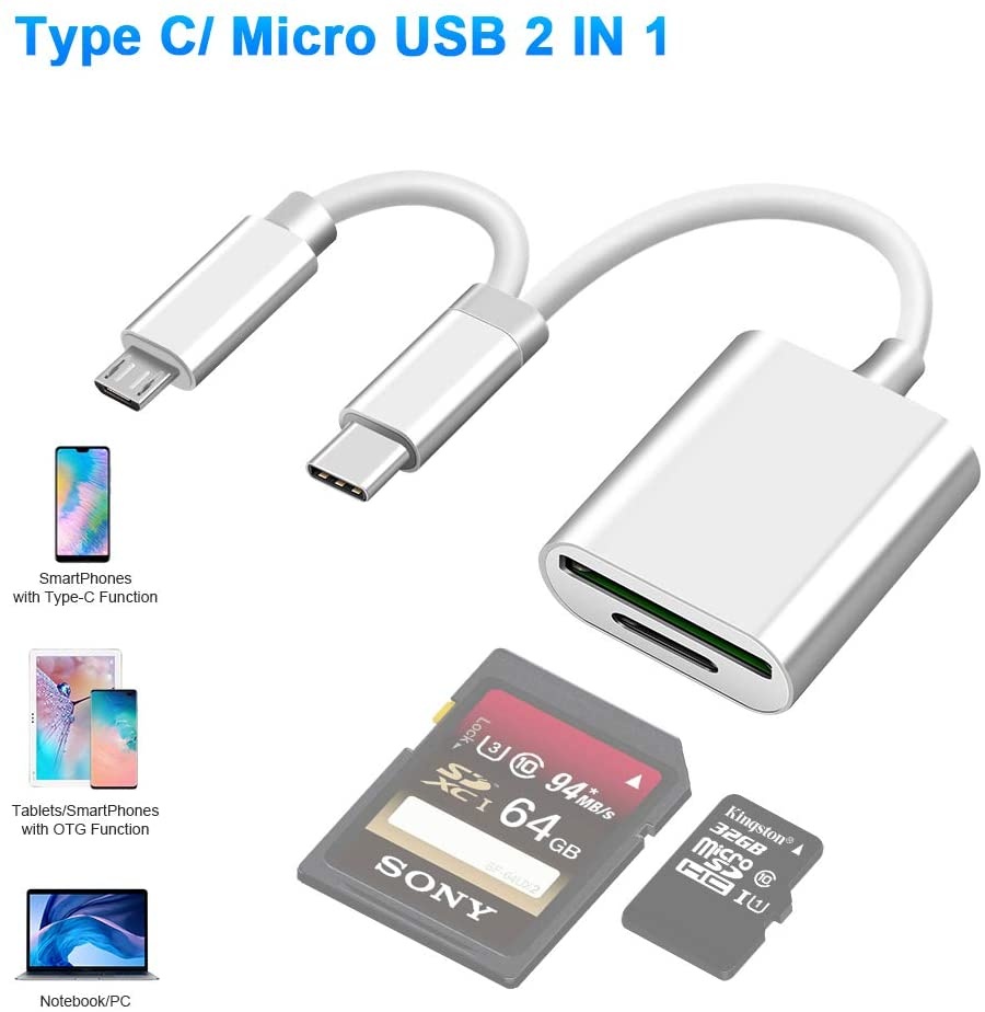 USB C to SD/MicroSD Card Reader Type C/Micro USB OTG Adapter Aluminum TF Card Memory Card Reader Camera reader Drive Recorder Video Reader Trail Cam Viewer for Android Tablets/PC/Laptop/phones/samsung