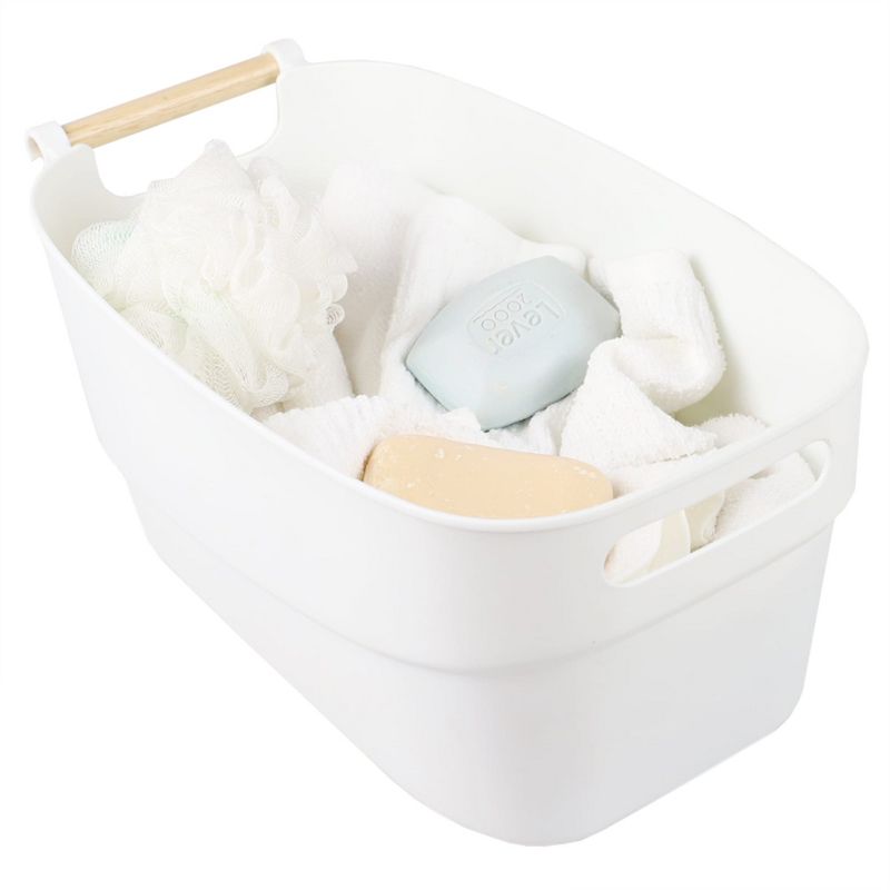 Home Basics Large Plastic Basket with Wooden Handle, White