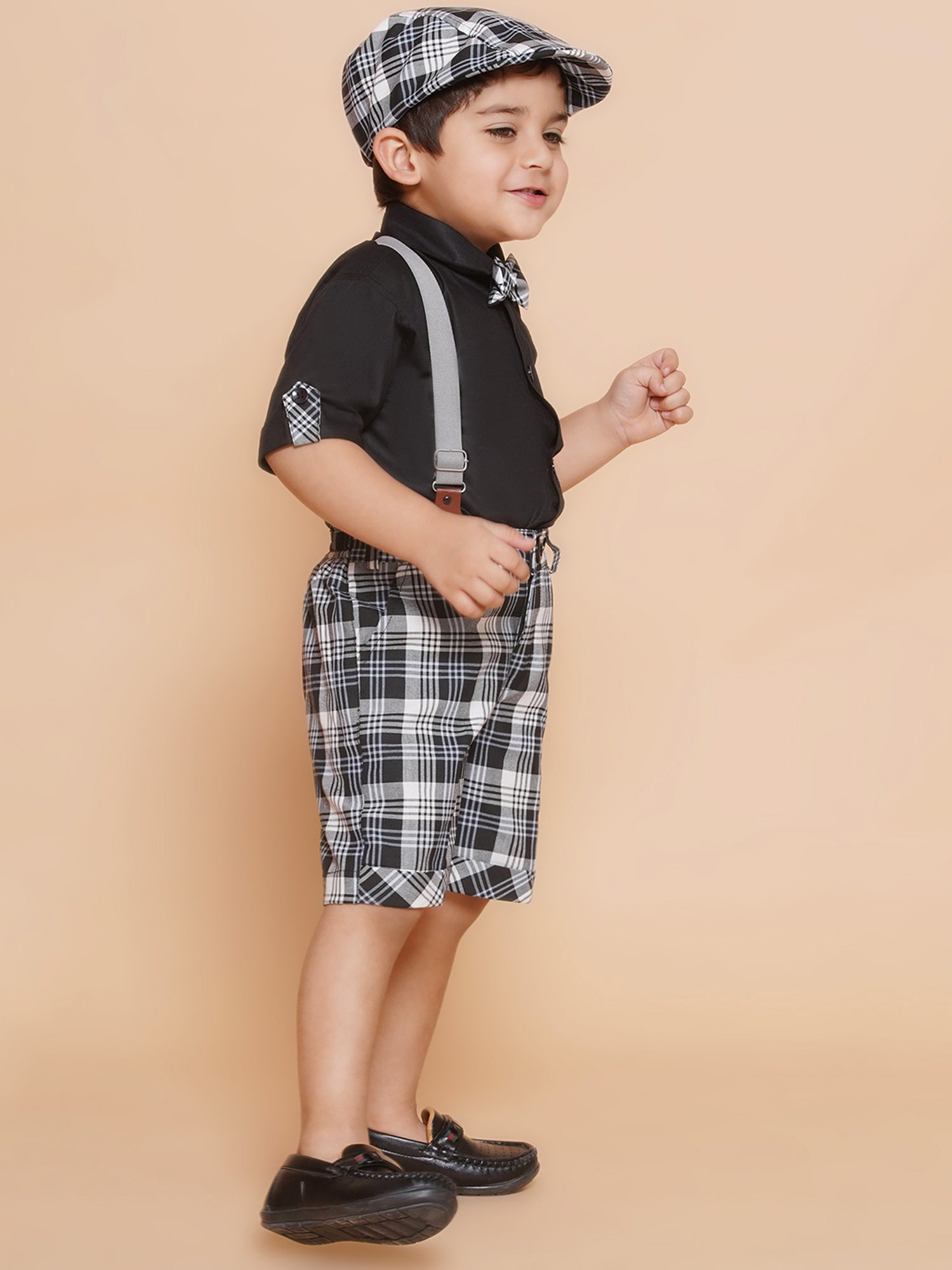 AJ Dezines Kids White & Black Checks Shirt, Shorts, Suspender, Bow & Cap