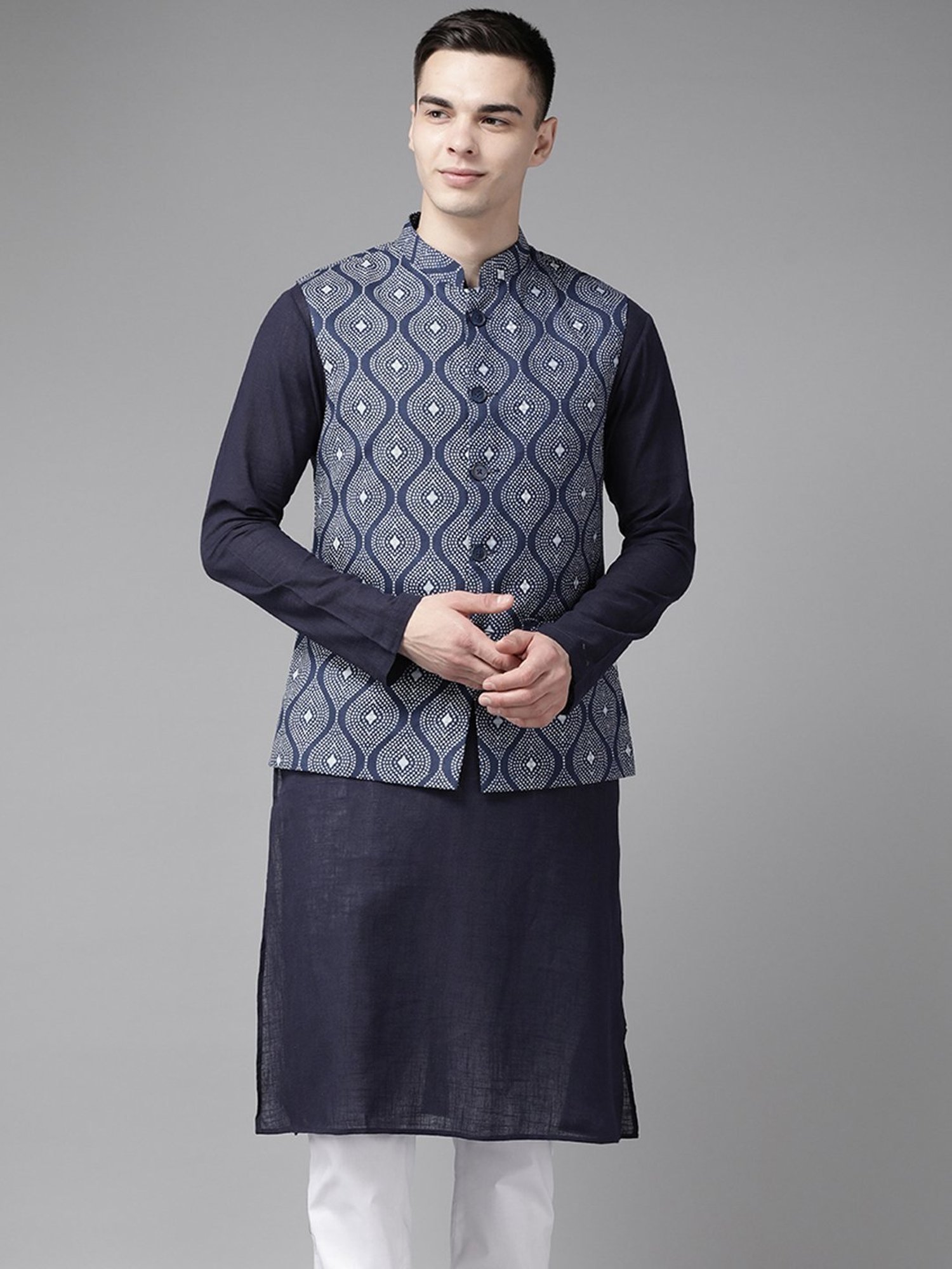 See Designs Blue Cotton Regular Fit Printed Nehru Jacket