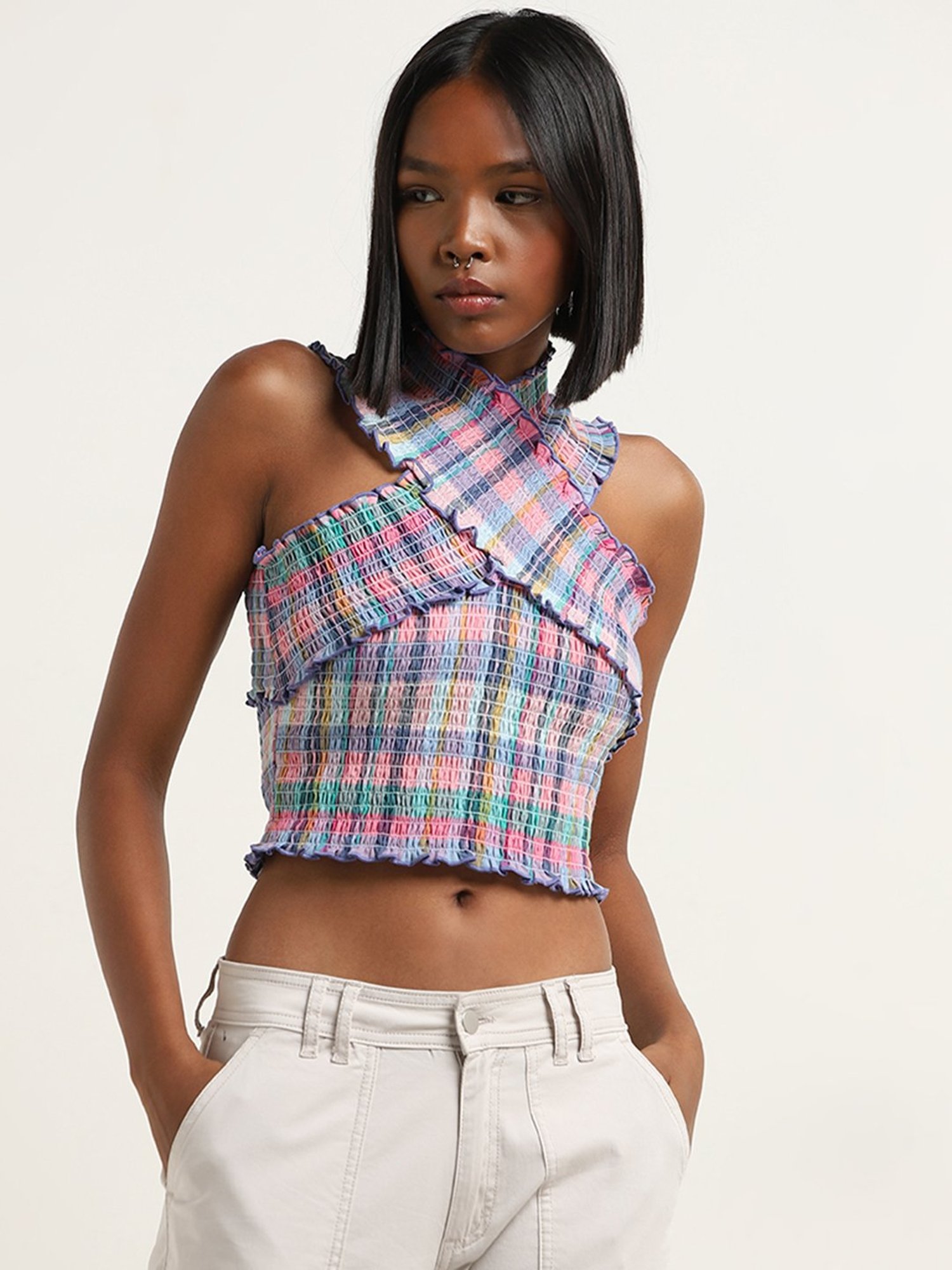 Nuon by Westside Multicolour Checks Design Criss-Cross Cotton Crop Top