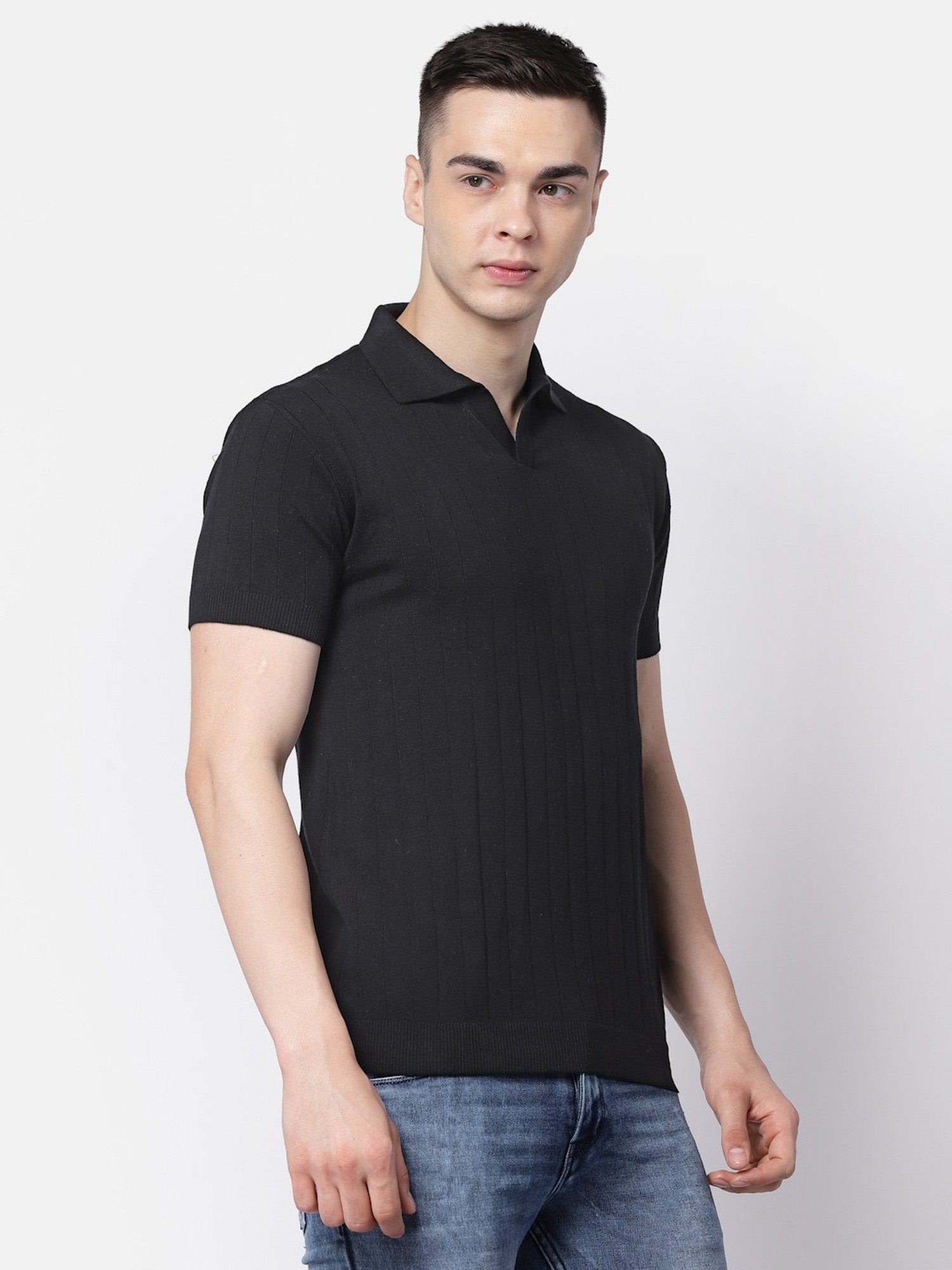 Kalt Black Regular Fit Striped Polo T-Shirt
